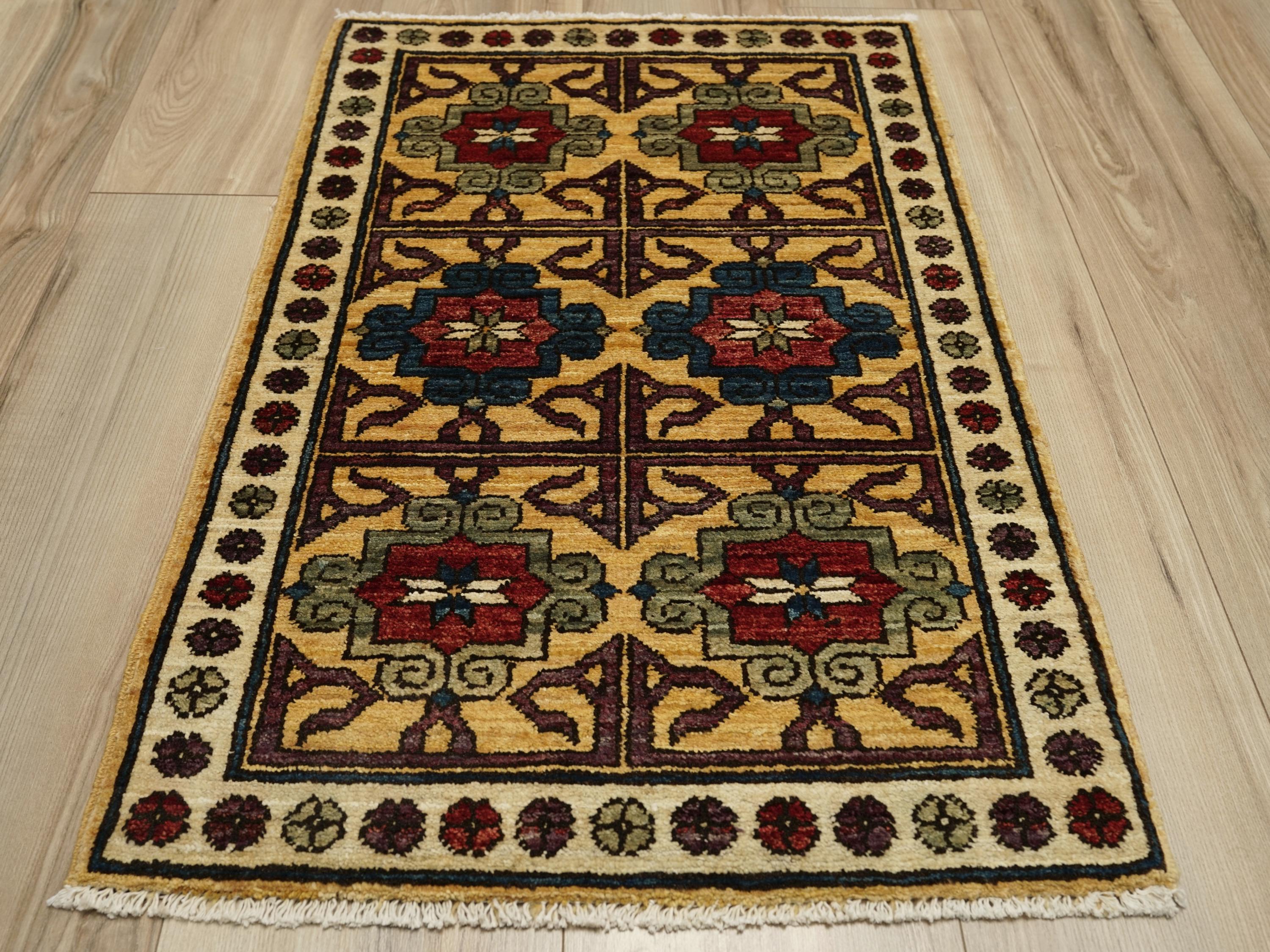 2x3 Ft Yellow Ersari Rug - Afghan Wool Tribal Rug