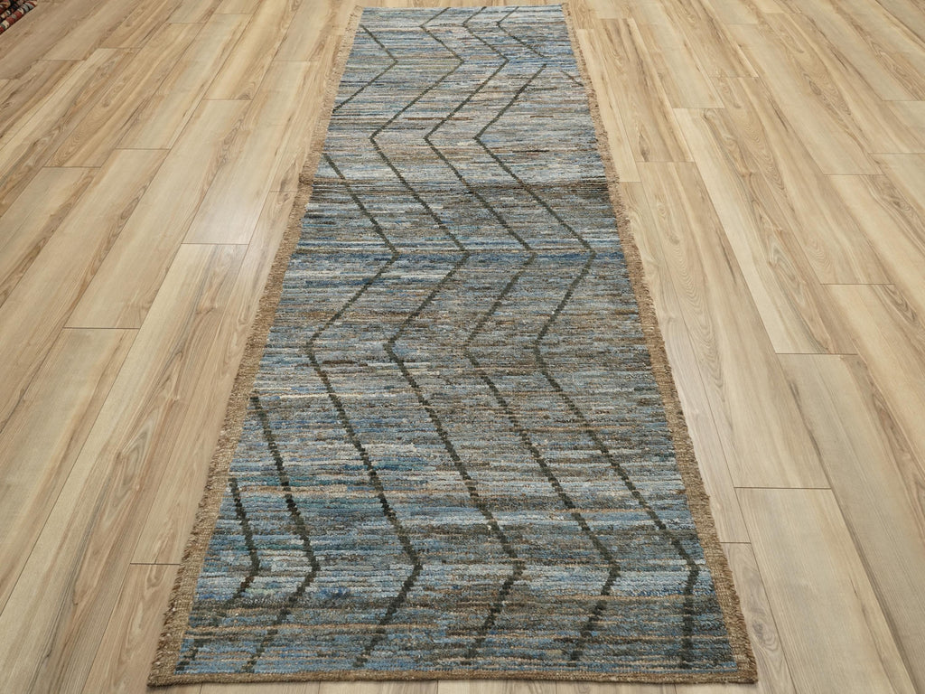 10 Ft Blue Moroccan Runner Rug - Afghan Handmade Wool Rug