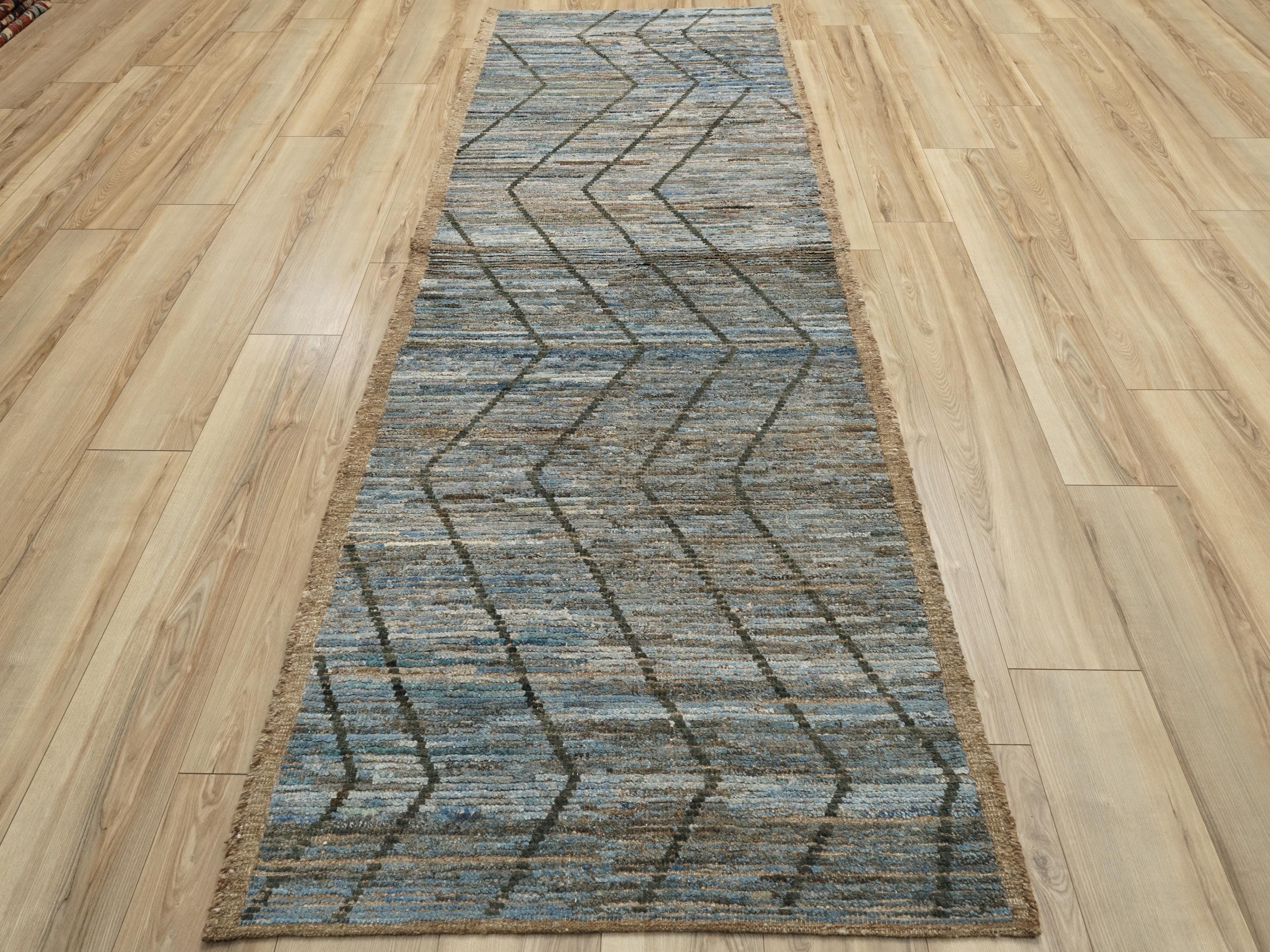 10 Ft Blue Moroccan Runner Rug - Afghan Handmade Wool Rug