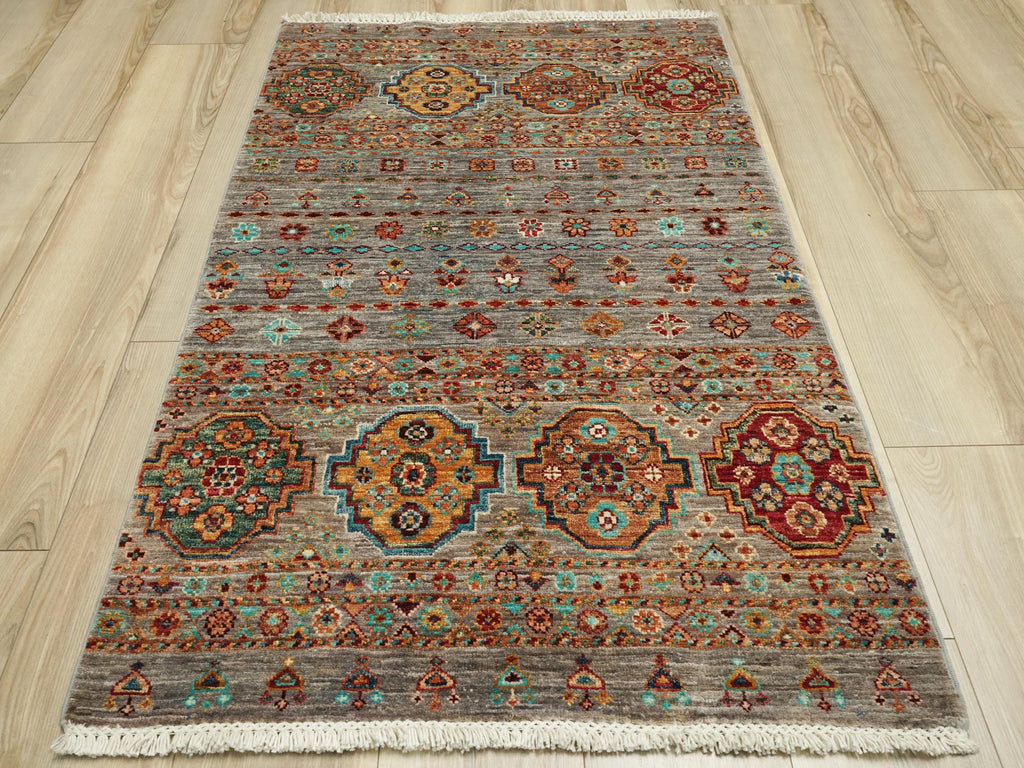 3x5 Ft Gray Khorjin Rug - Afghan Wool Rug - Oriental Design