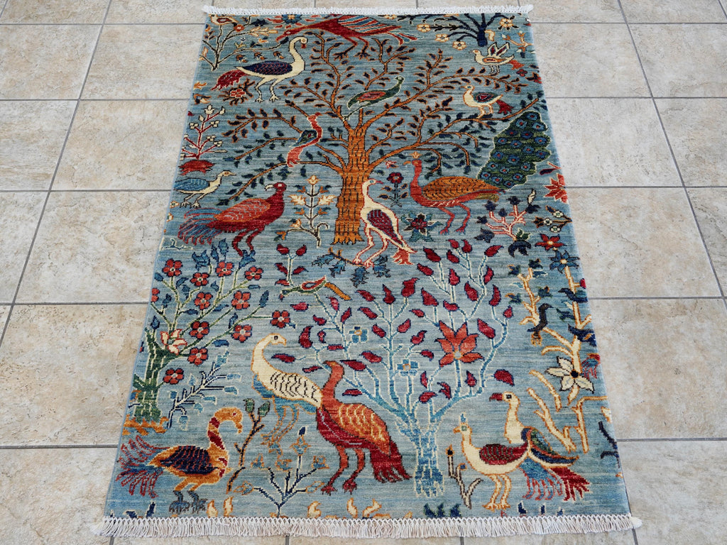 3x5 Ft Light Blue Bird Rug - Handmade Afghan Wool Rug - Floral Design