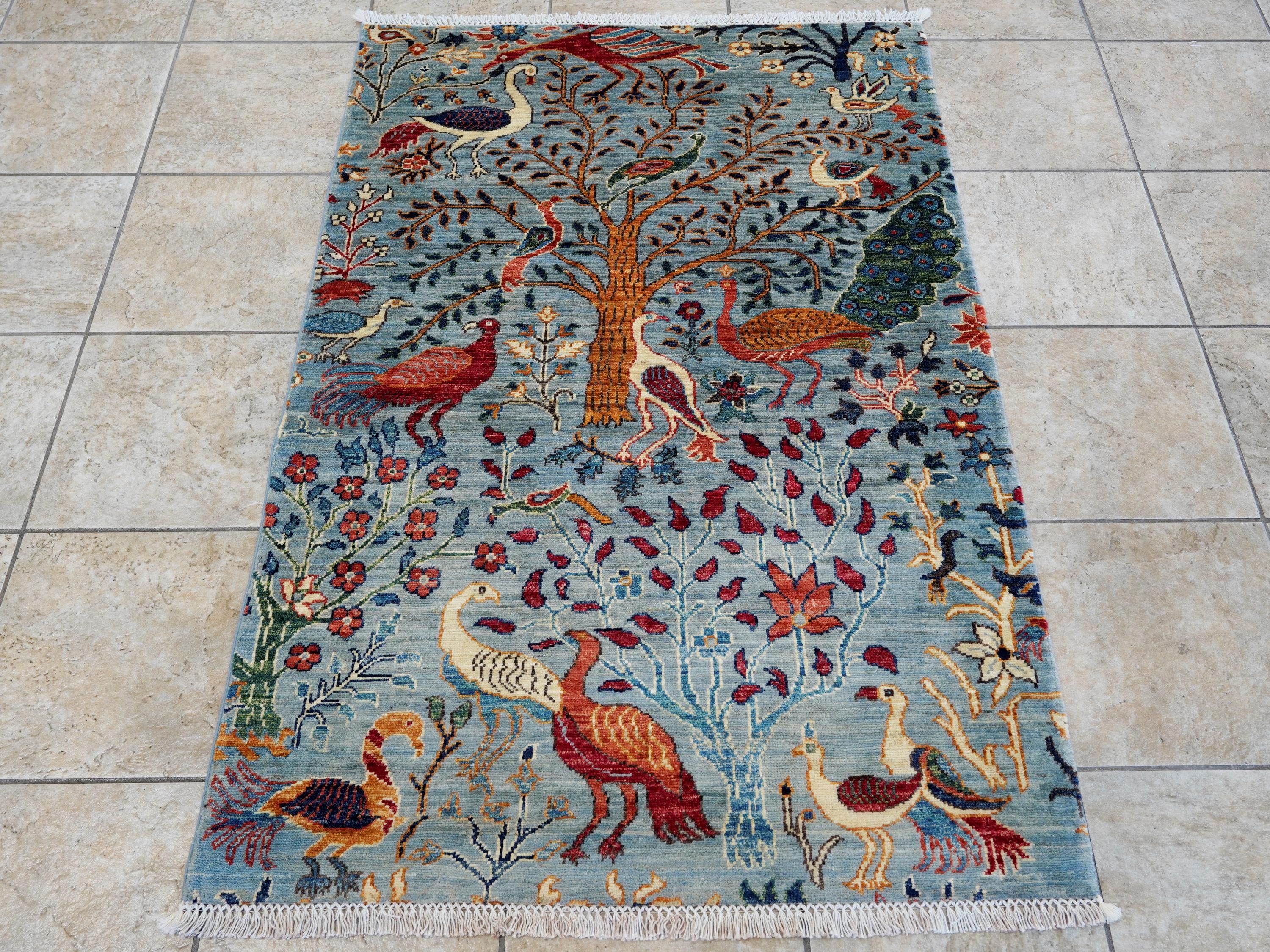 3x5 Ft Light Blue Bird Rug - Handmade Afghan Wool Rug - Floral Design