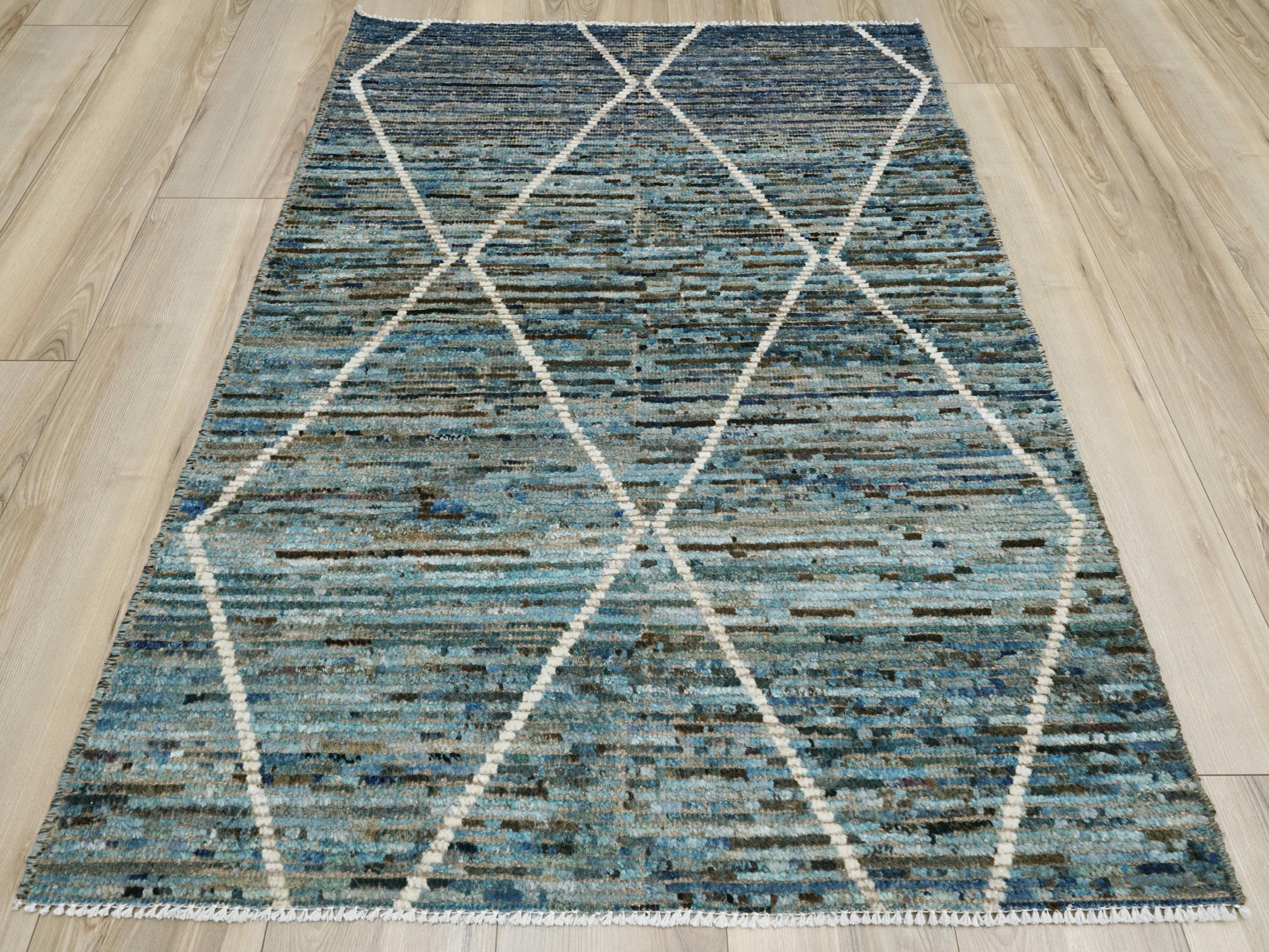 3x5 Ft Blue Moroccan Rug - Hand Knotted Afghan Rug