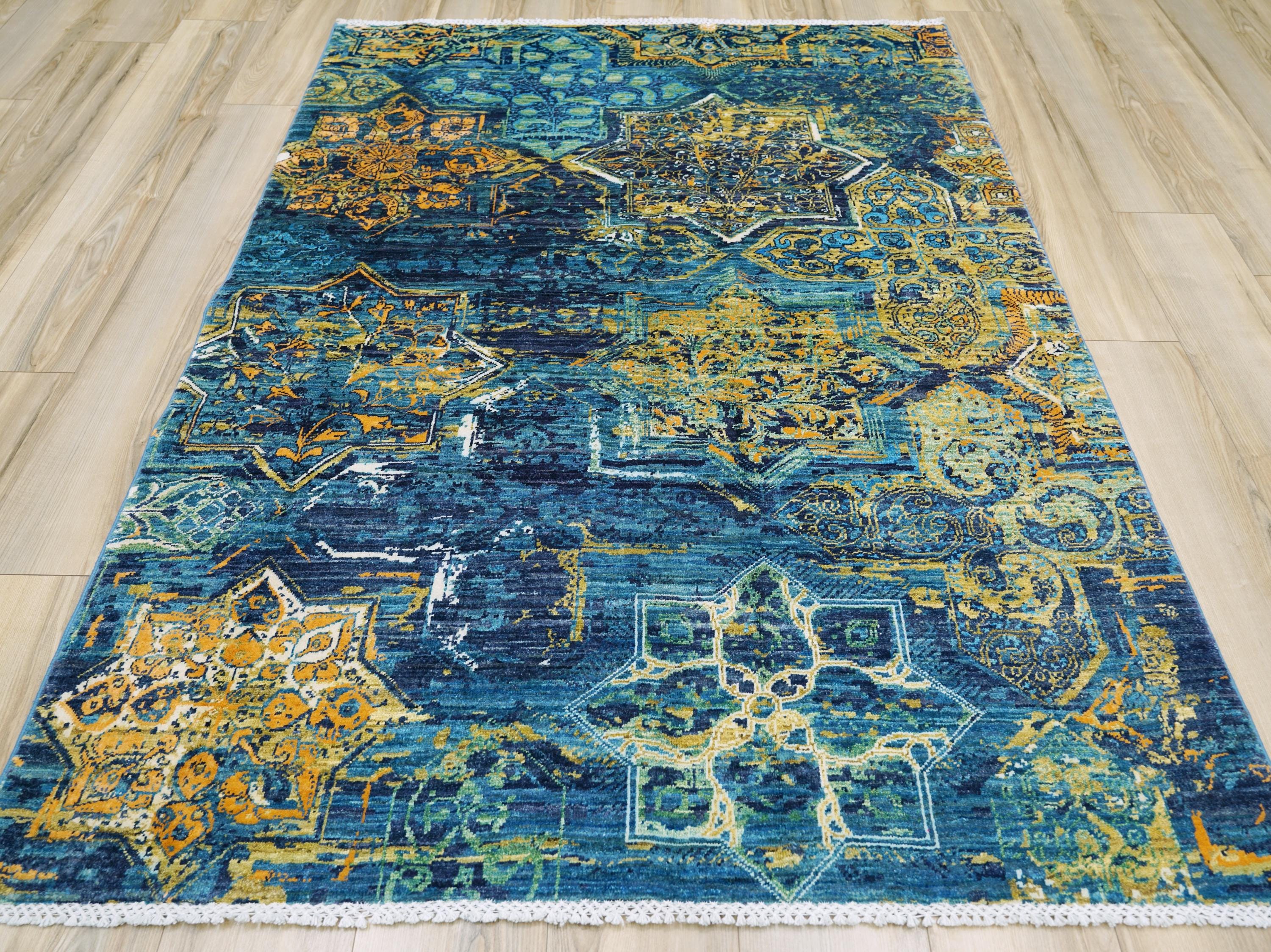 5x7 Ft Blue Abstract Wool Rug - Hand Knotted Area Rug