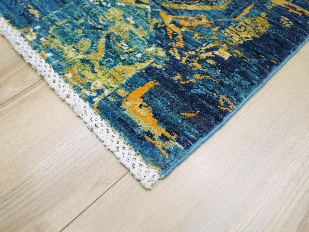5x7 Ft Blue Abstract Wool Rug - Hand Knotted Area Rug
