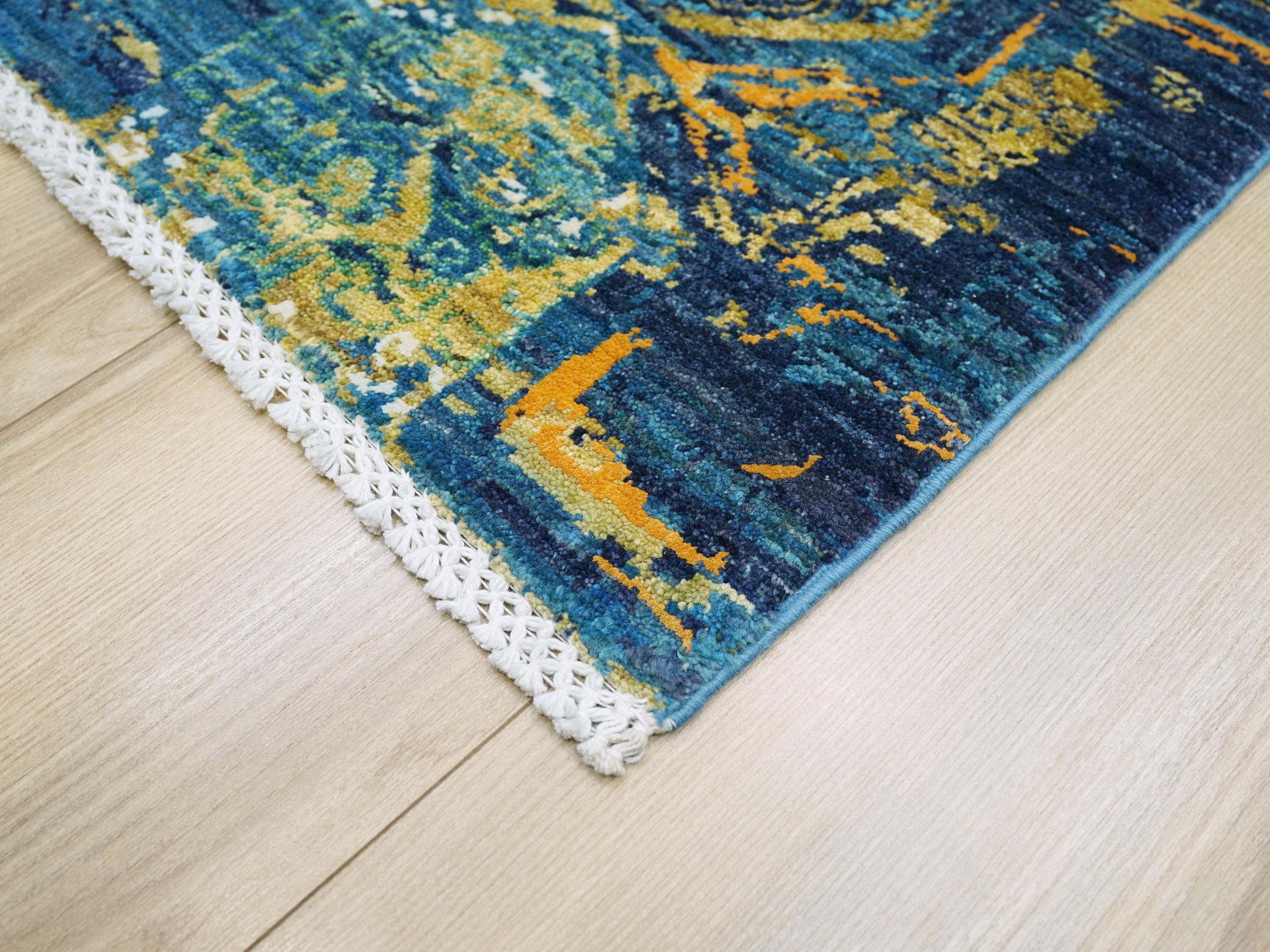 5x7 Ft Blue Abstract Wool Rug - Hand Knotted Area Rug