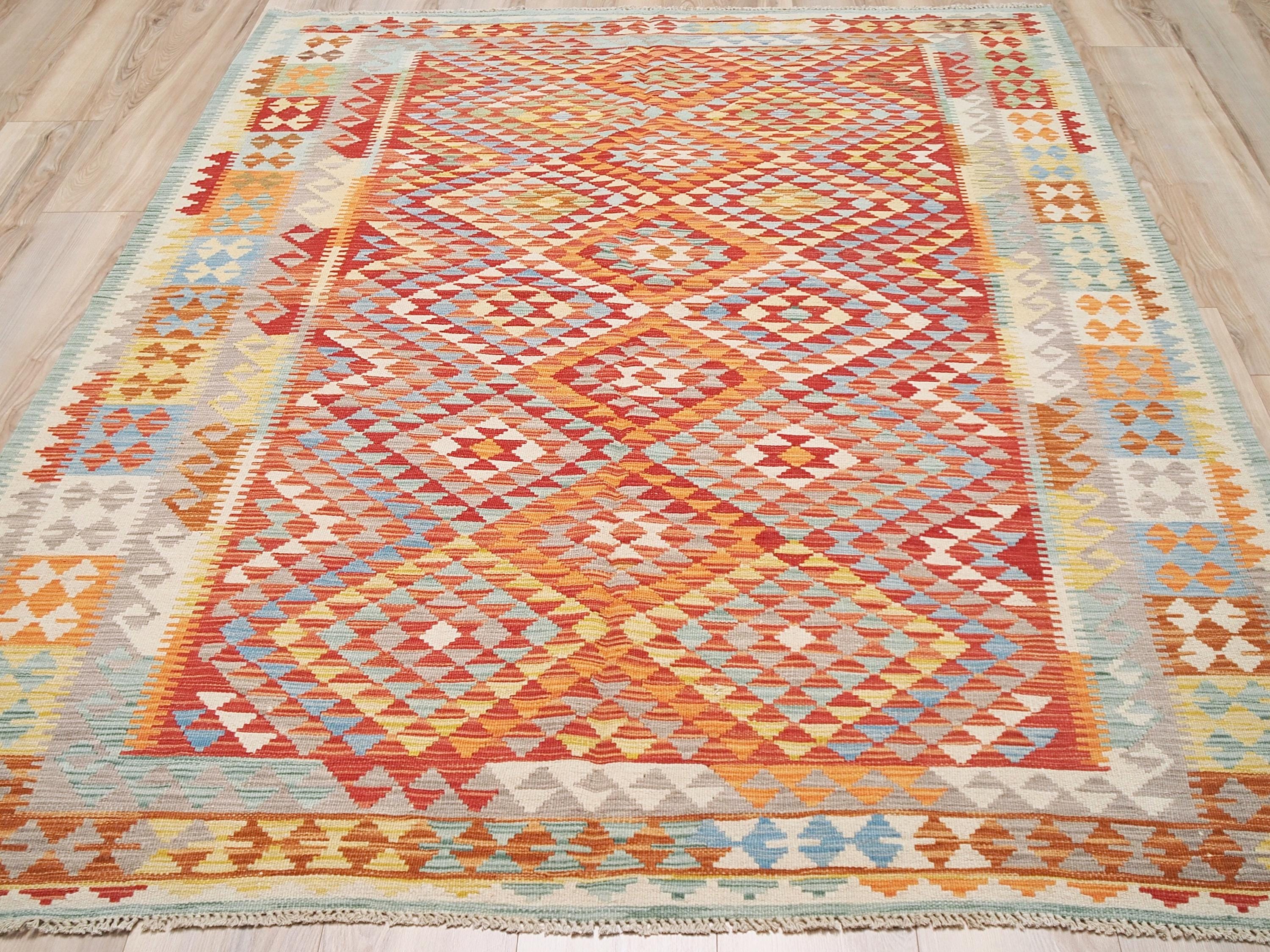 6x8 Ft Red Wool Kilim Rug - Flat Weave Afghan Rug