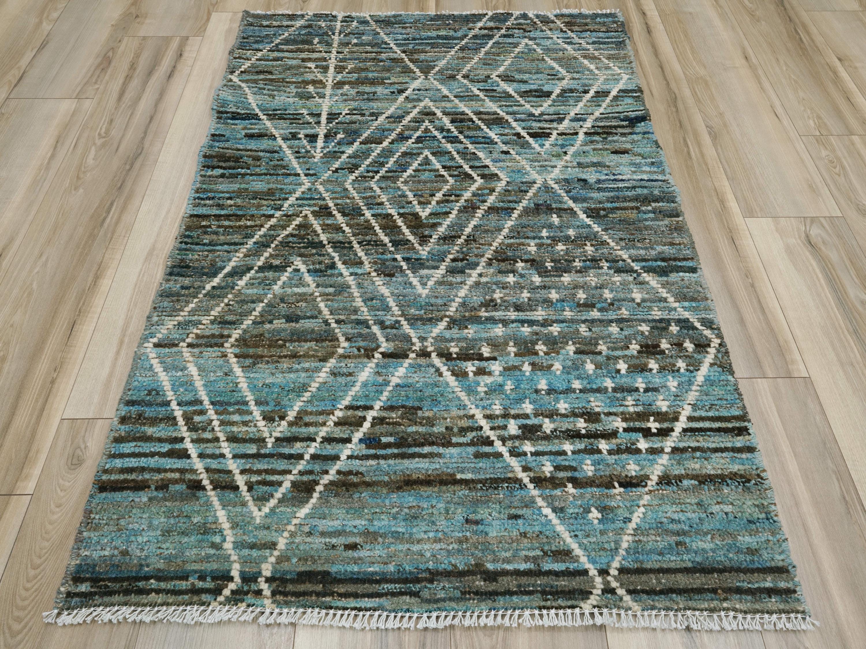 3x5 Ft Cyan Moroccan Rug - Hand Knotted Area Rug