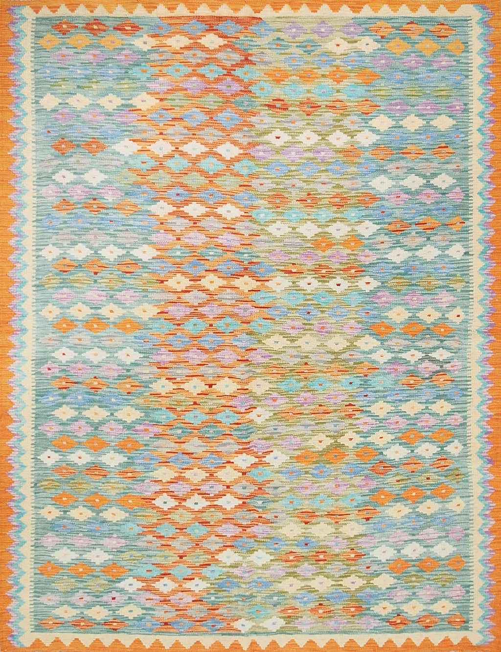 6x8 Ft Orange & Green Kilim Rug - Geometric Flatweave