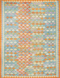 6x8 Ft Orange & Green Kilim Rug - Geometric Flatweave