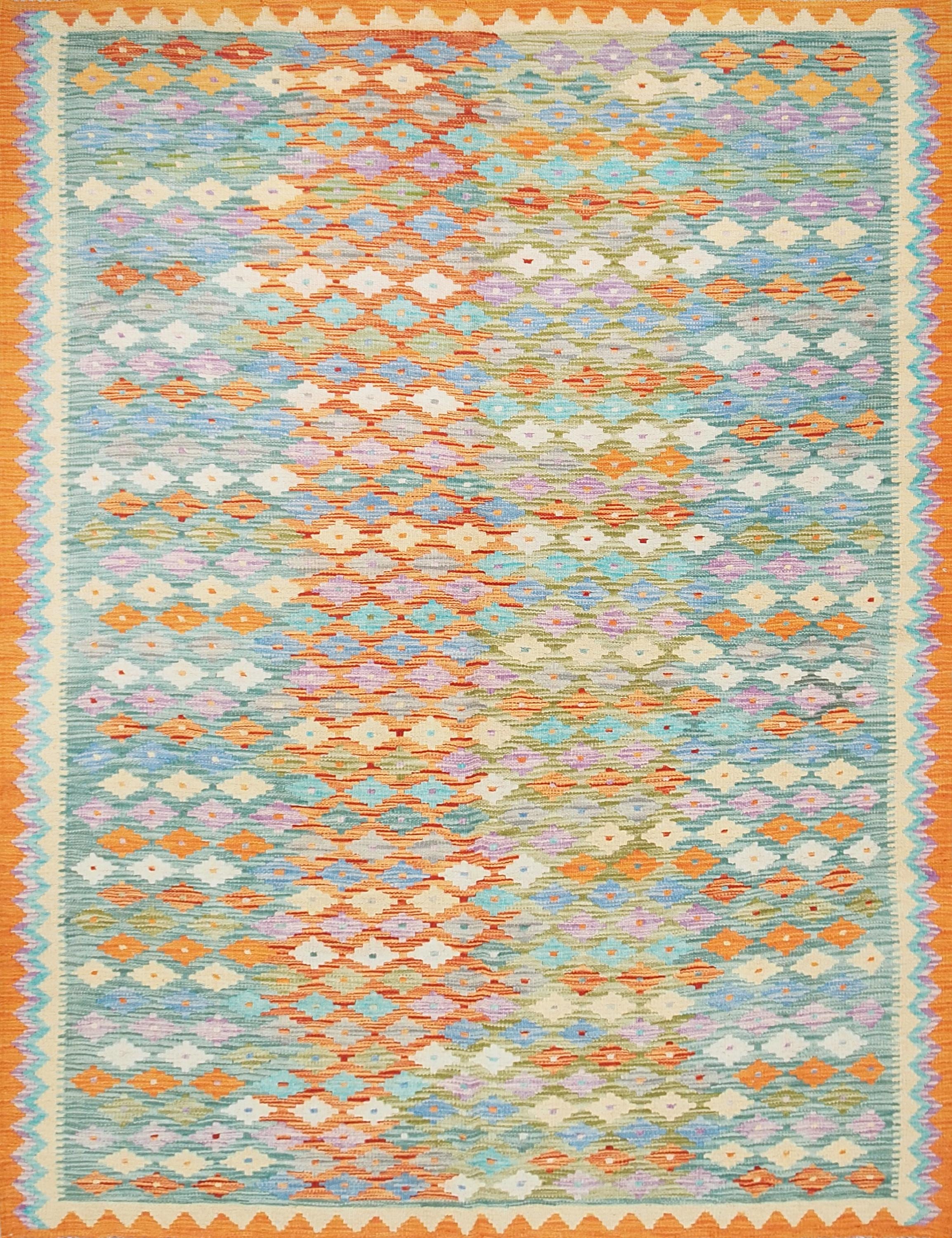 6x8 Ft Orange & Green Kilim Rug - Geometric Flatweave