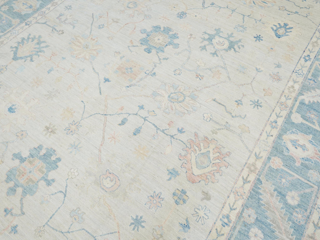 10x14 Ft Blue Oushak Rug - Hand Knotted Afghan Rug - Turkish Floral Design