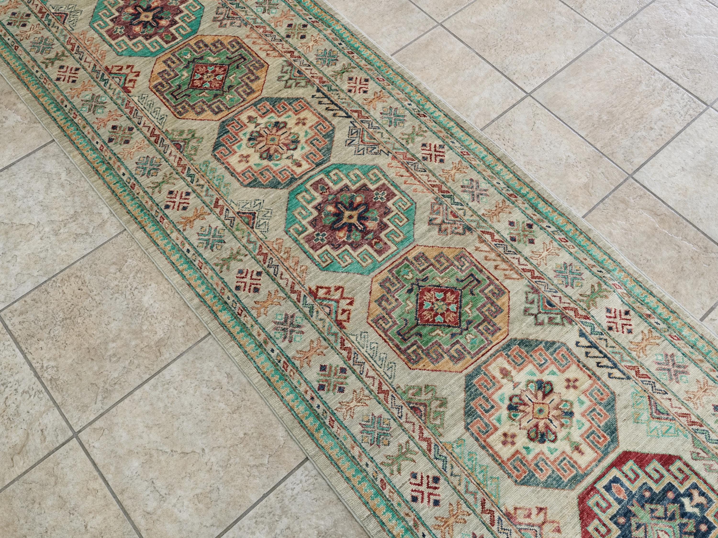 9 Ft Light Green Ersari Runner Rug - Hand Knotted Hallway Rug - Turkmen Design