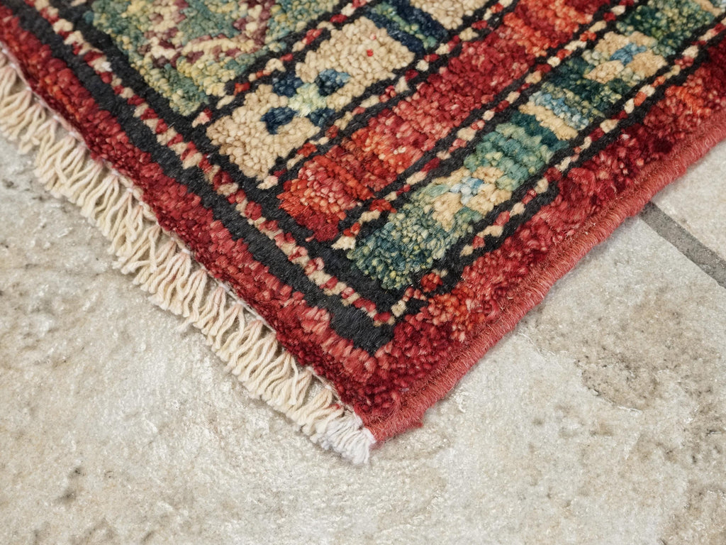 1x2 Ft Hand Knotted Heriz Rug - Red & Green Afghan Wool
