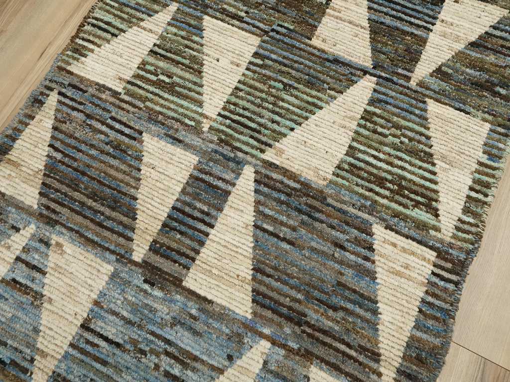 10 Ft White & Blue Handmade Moroccan Runner Rug - Contemporary Design