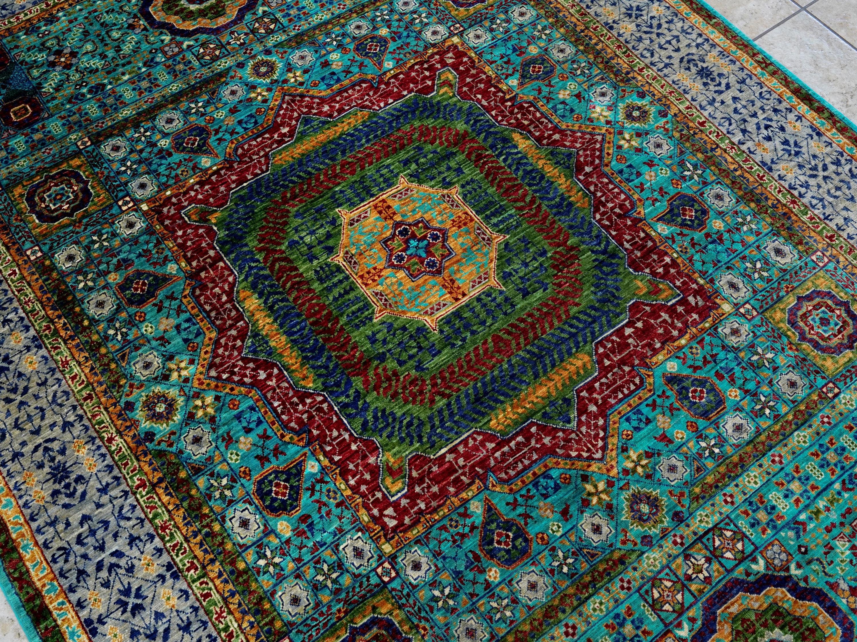 6x8 Ft Cyan Mamluk Rug - Hand Knotted Oriental Area Rug