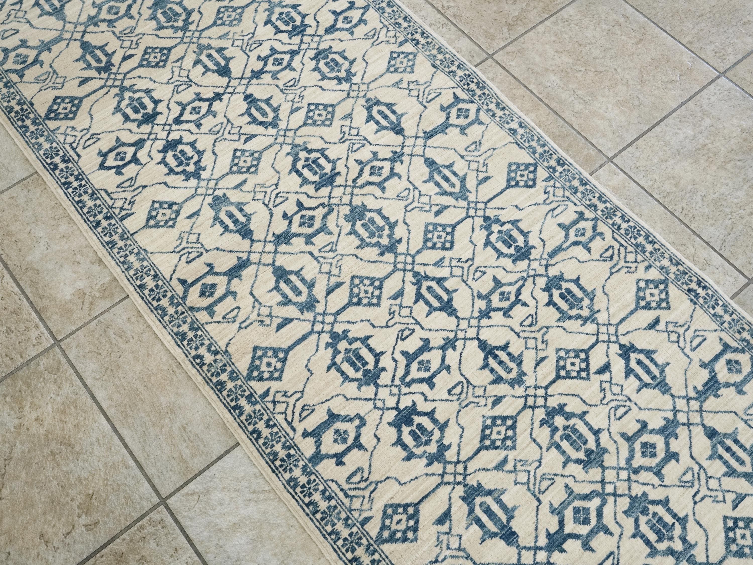 7 Ft Blue Heriz Rug Runner - Hand Knotted Wool Rug - Vintage Persian Style