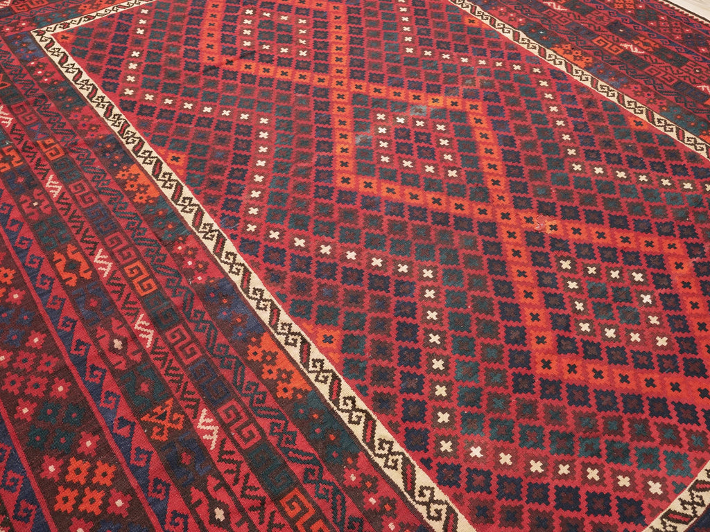 10x14 Ft Dark Red Maimana Kilim Rug - Vintage Afghan Flat Weave