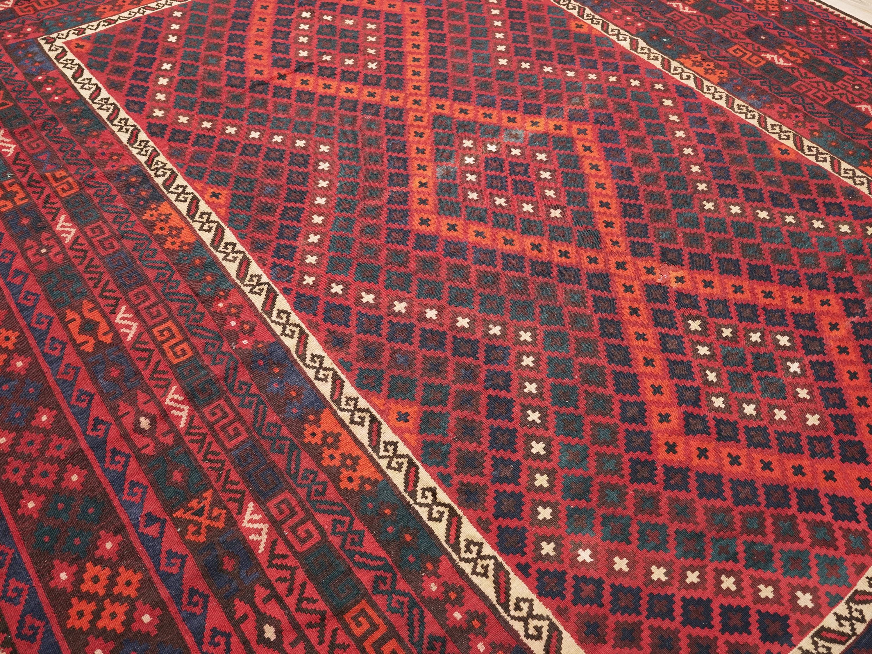 10x14 Ft Dark Red Maimana Kilim Rug - Vintage Afghan Flat Weave
