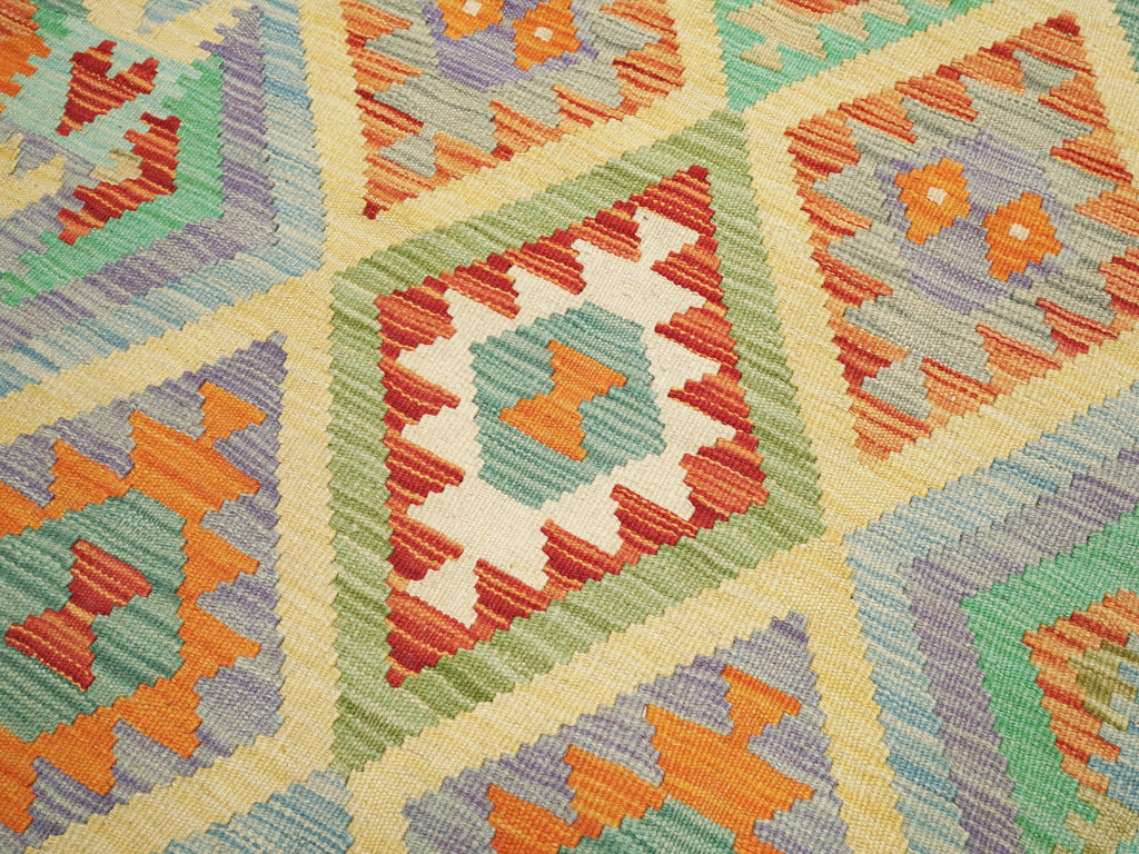 7 Ft Orange Green Kilim Rug  Flat Weave Afghan Runner