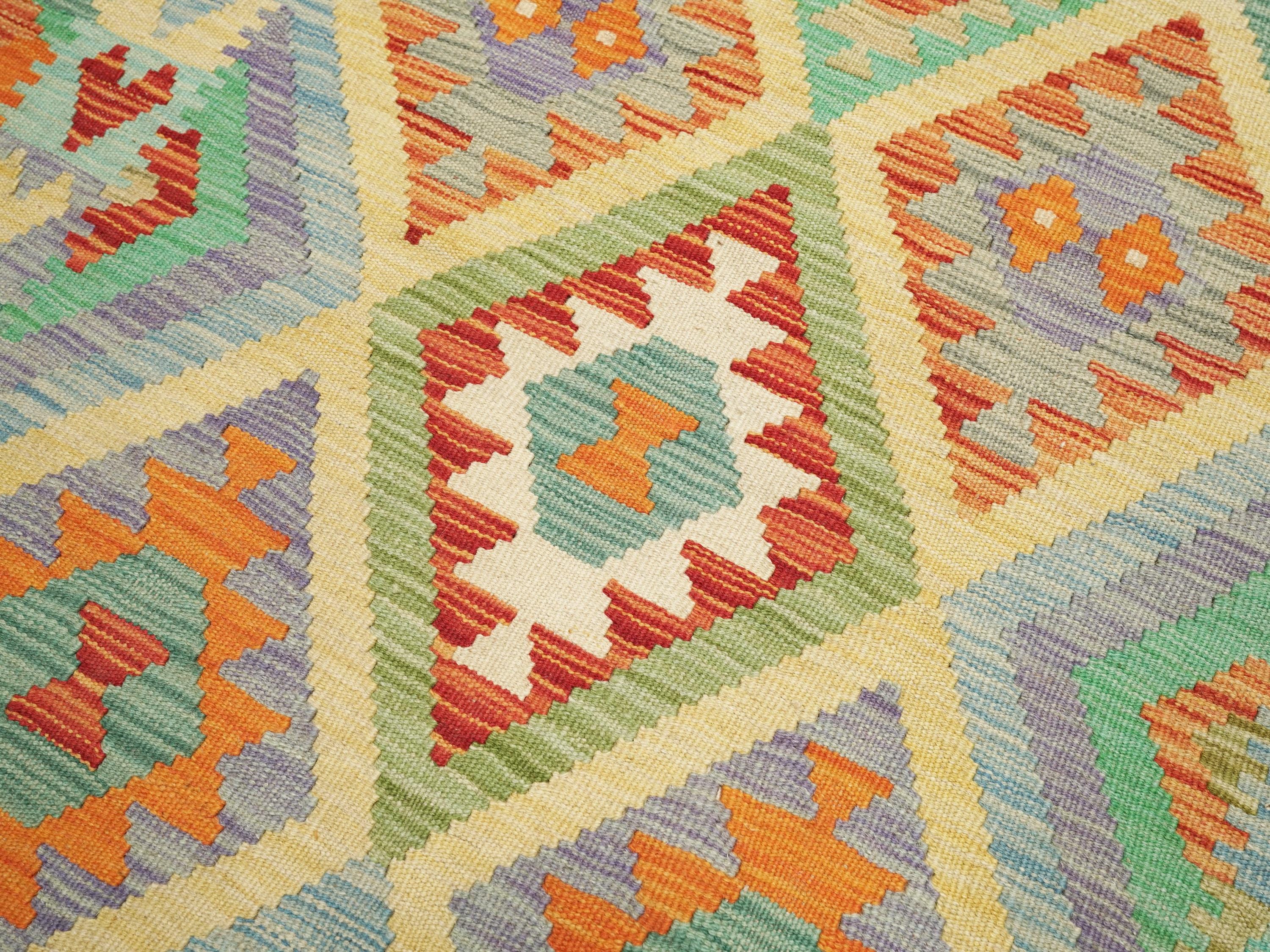 7 Ft Orange Green Kilim Rug  Flat Weave Afghan Runner