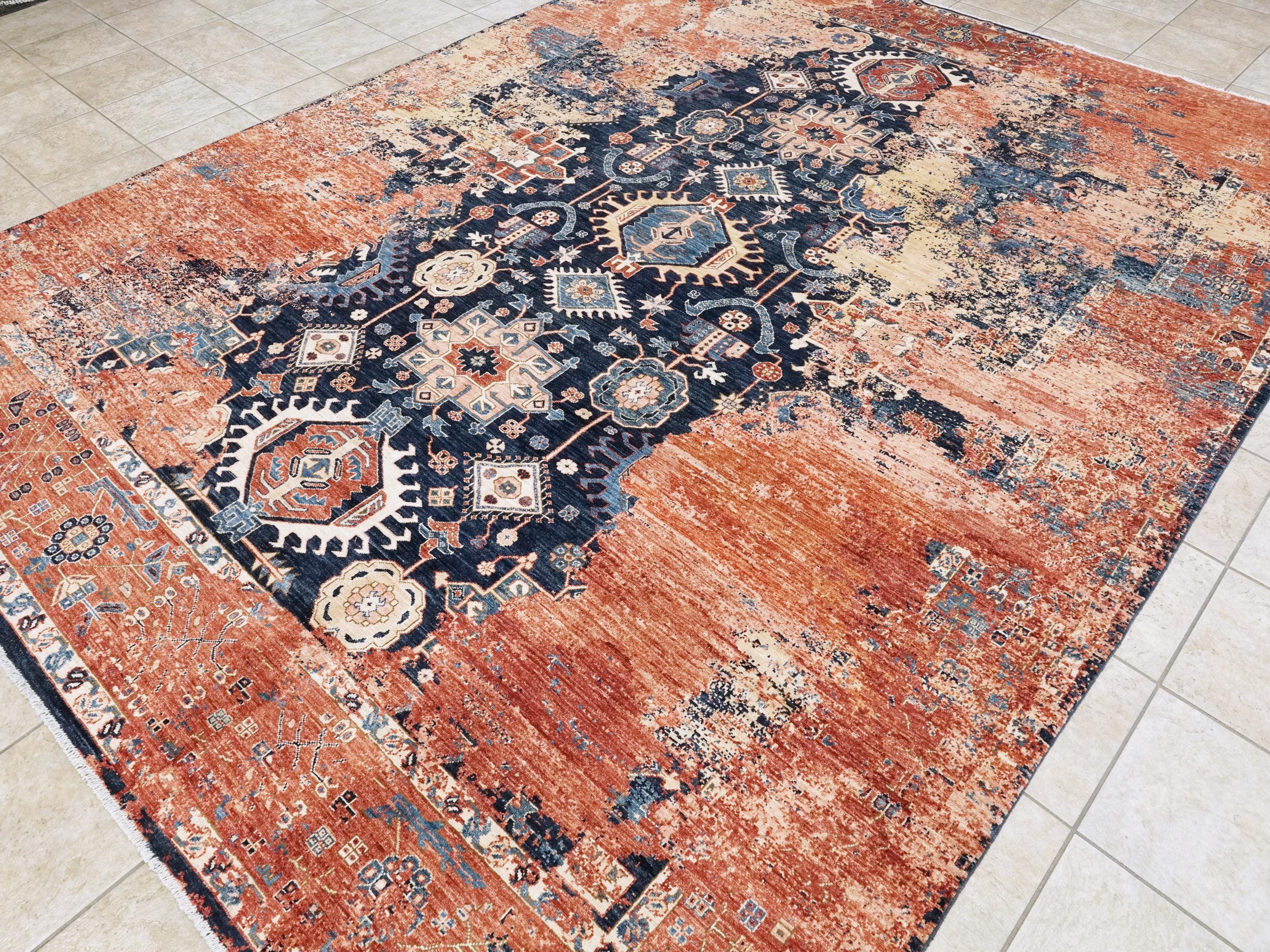 9x12 Ft Red & Blue Heriz Rug - Hand Knotted Transitional Rug