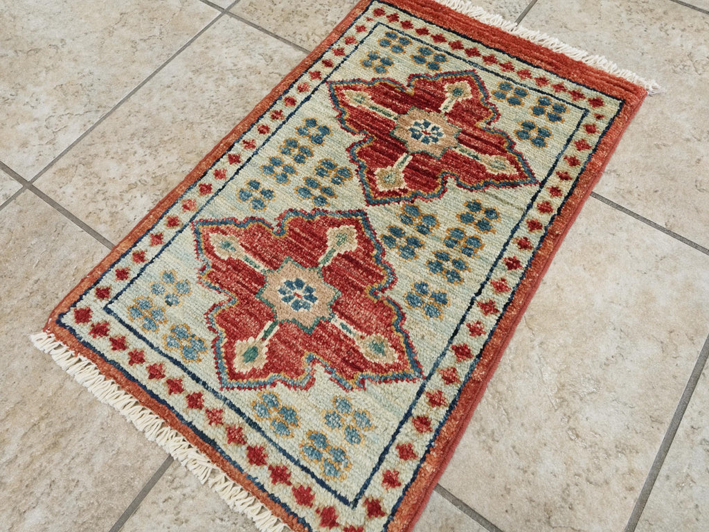 1x2 Ft Hand Knotted Heriz Rug - Blue & Red Afghan Wool