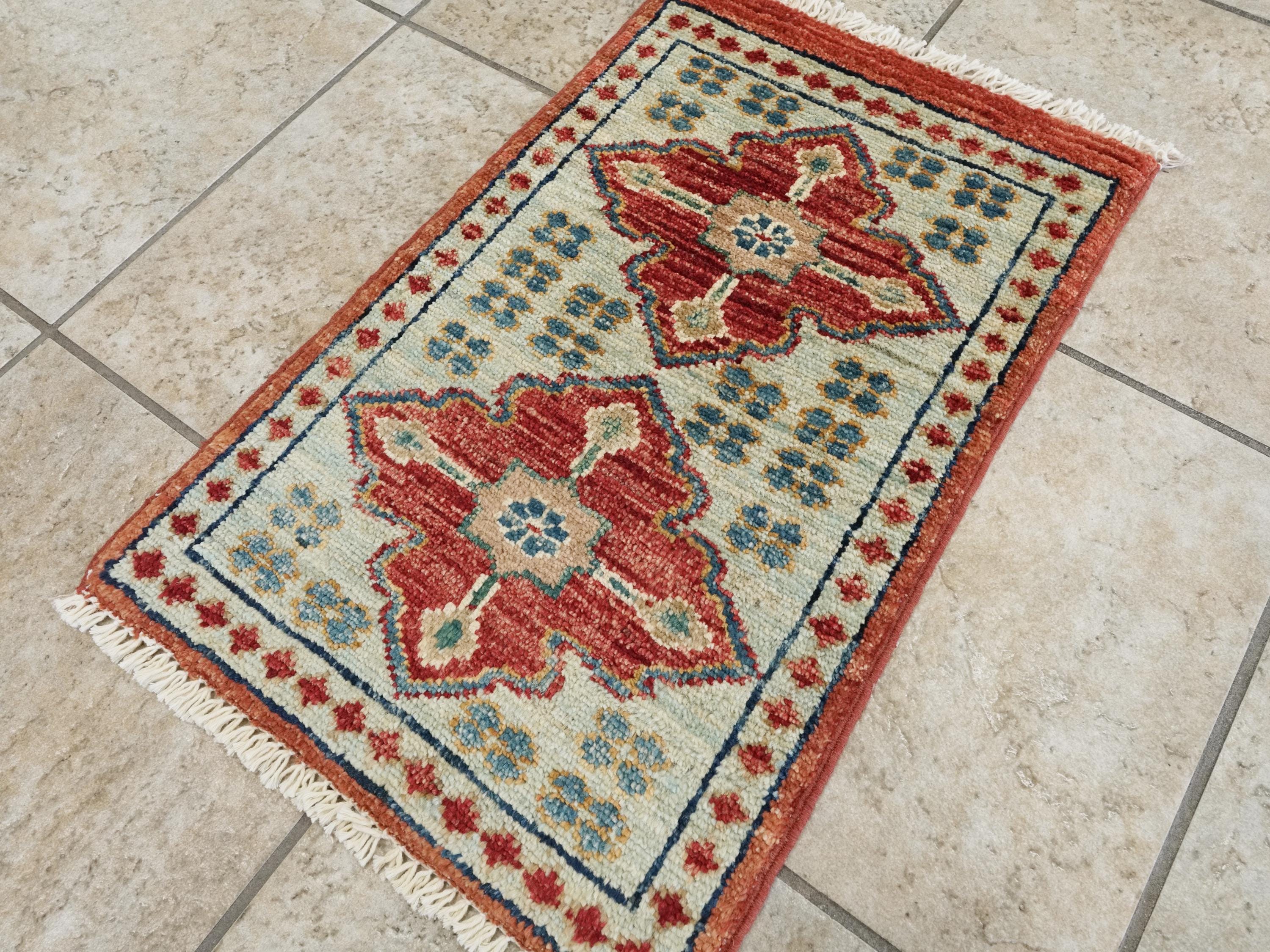 1x2 Ft Hand Knotted Heriz Rug - Blue & Red Afghan Wool