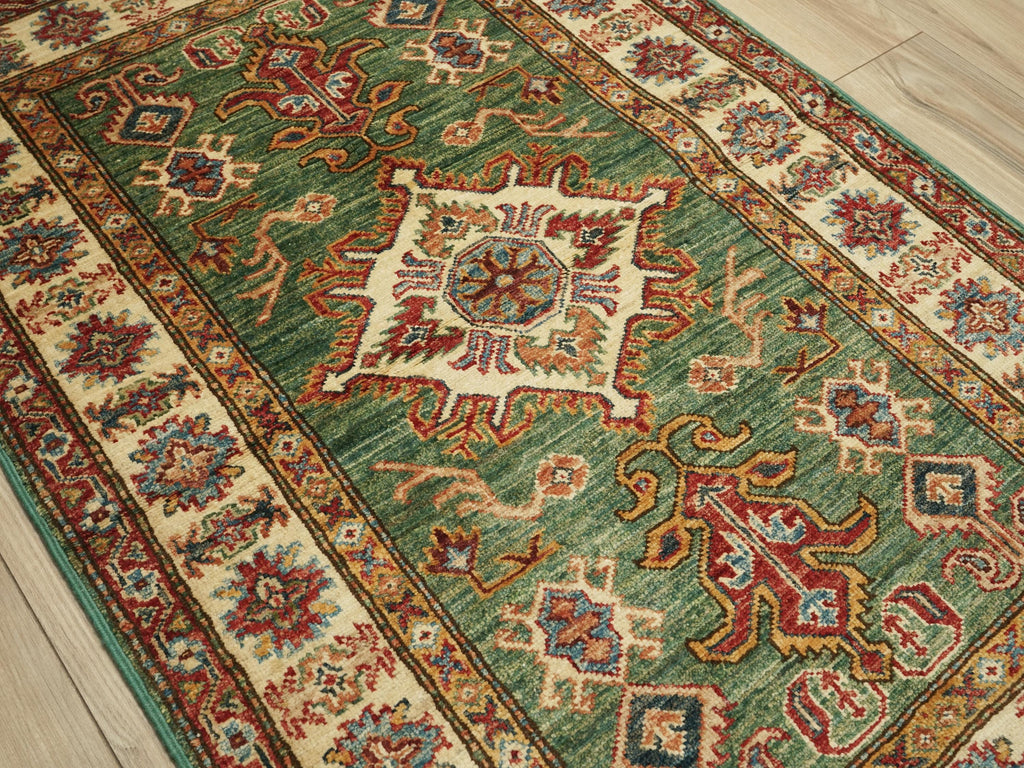 3x4 Ft Green Kazak Rug - Afghan Handmade Wool Rug