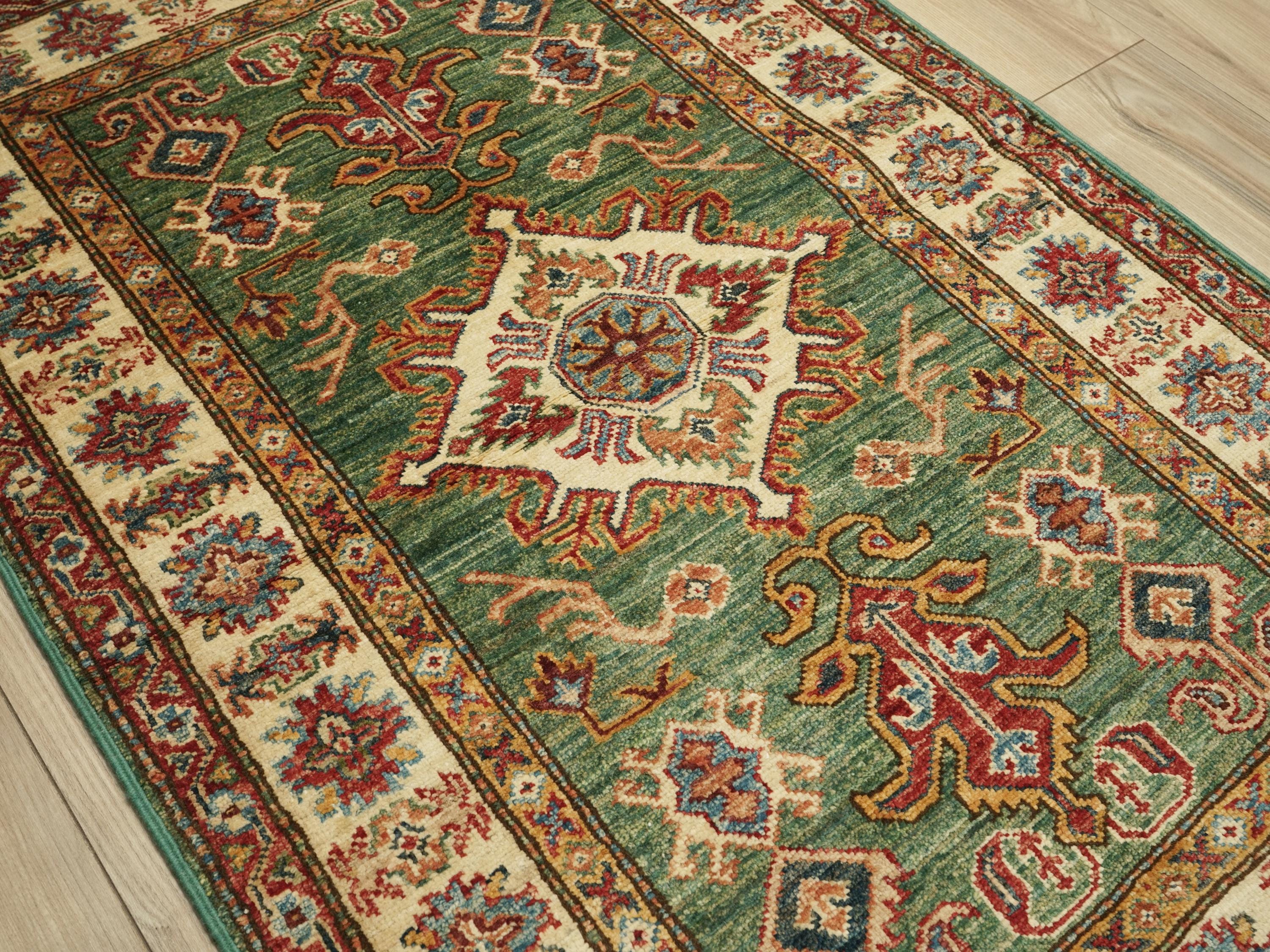 3x4 Ft Green Kazak Rug - Afghan Handmade Wool Rug