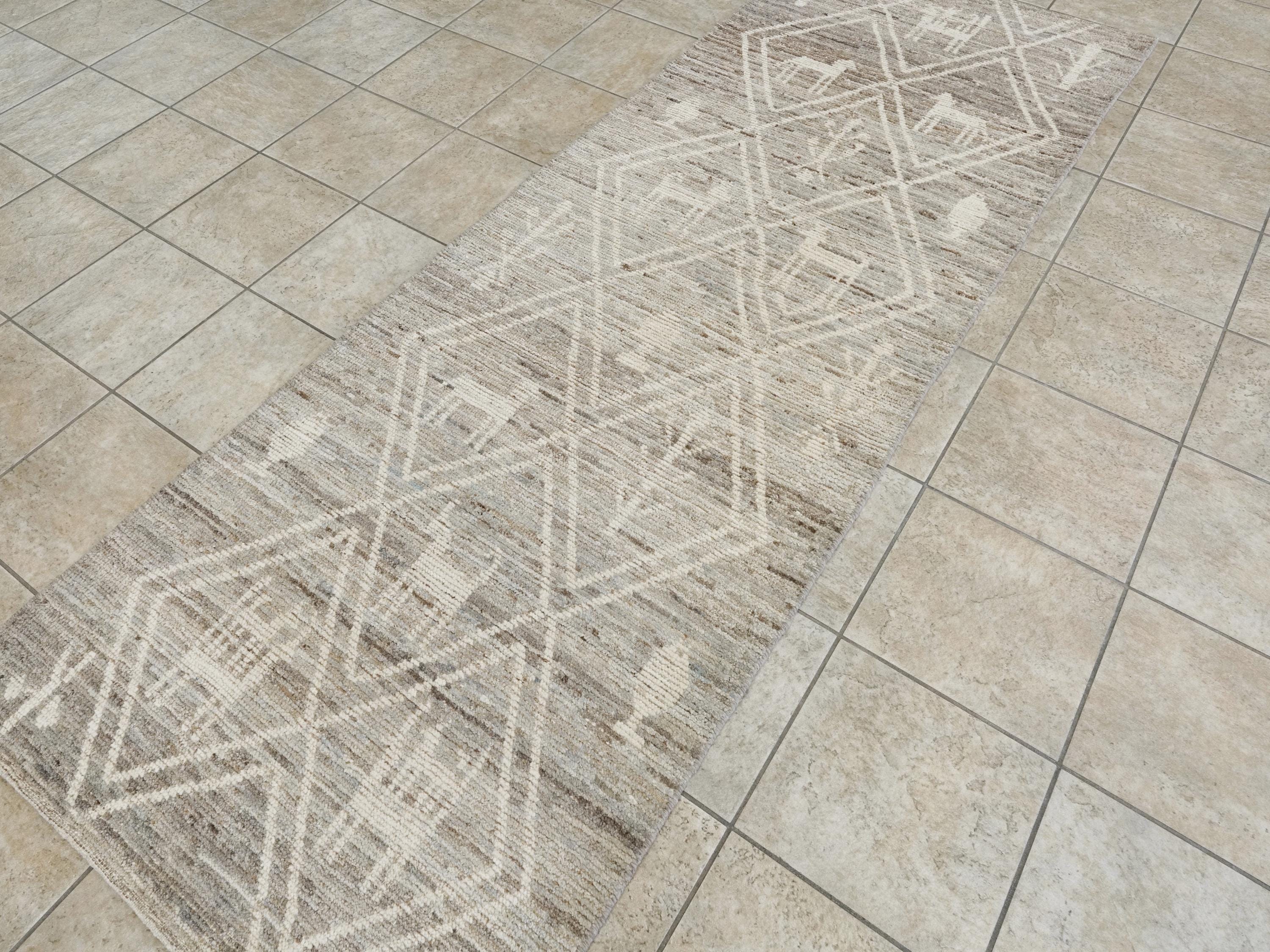 10 Ft Handmade Afghan Wool Runner Rug - Light Gray Moroccan Design