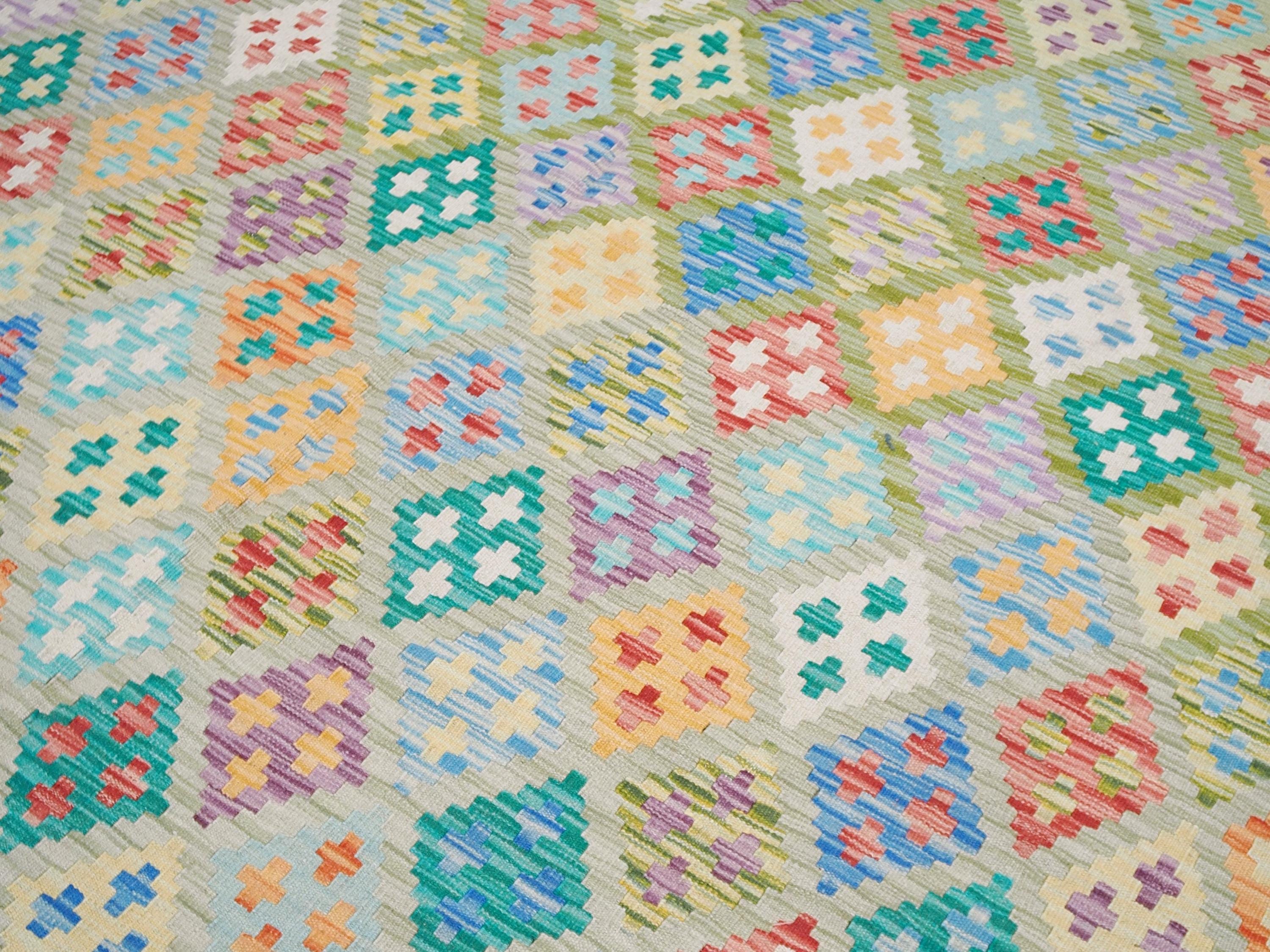 7x10 Ft Green Maimana Kilim Rug - Flat Weave Afghan Rug