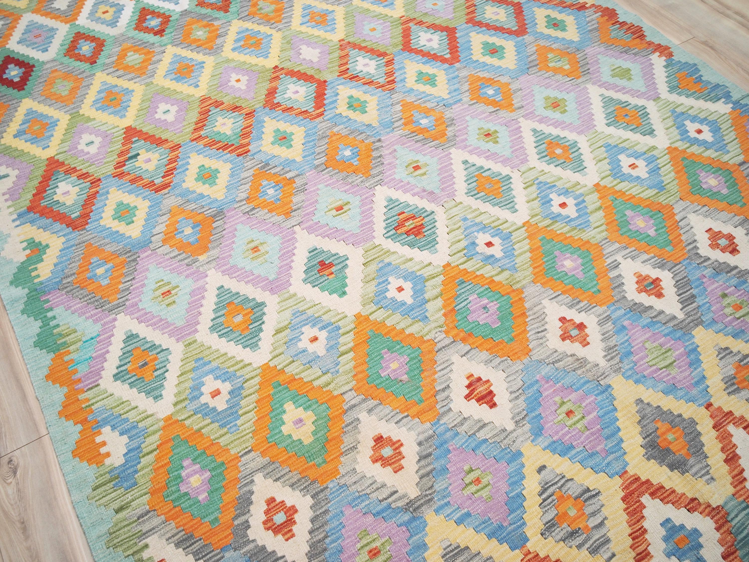 7x10 Ft Light Green Kilim Rug - Afghan Tribal Flat Weave