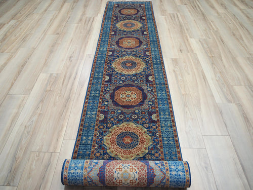 19 Ft Blue Mamluk Rug - Hand Knotted Wool Runner
