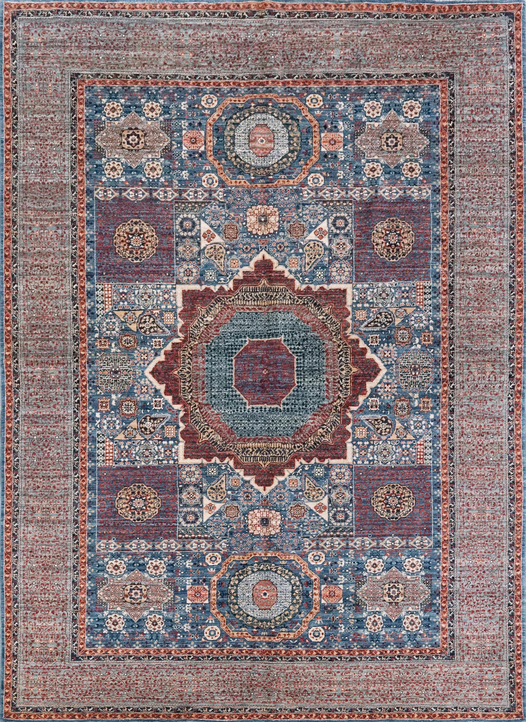 6x9 Ft Blue Mamluk Rug - Hand Knotted Afghan Wool Rug - Geometric Design