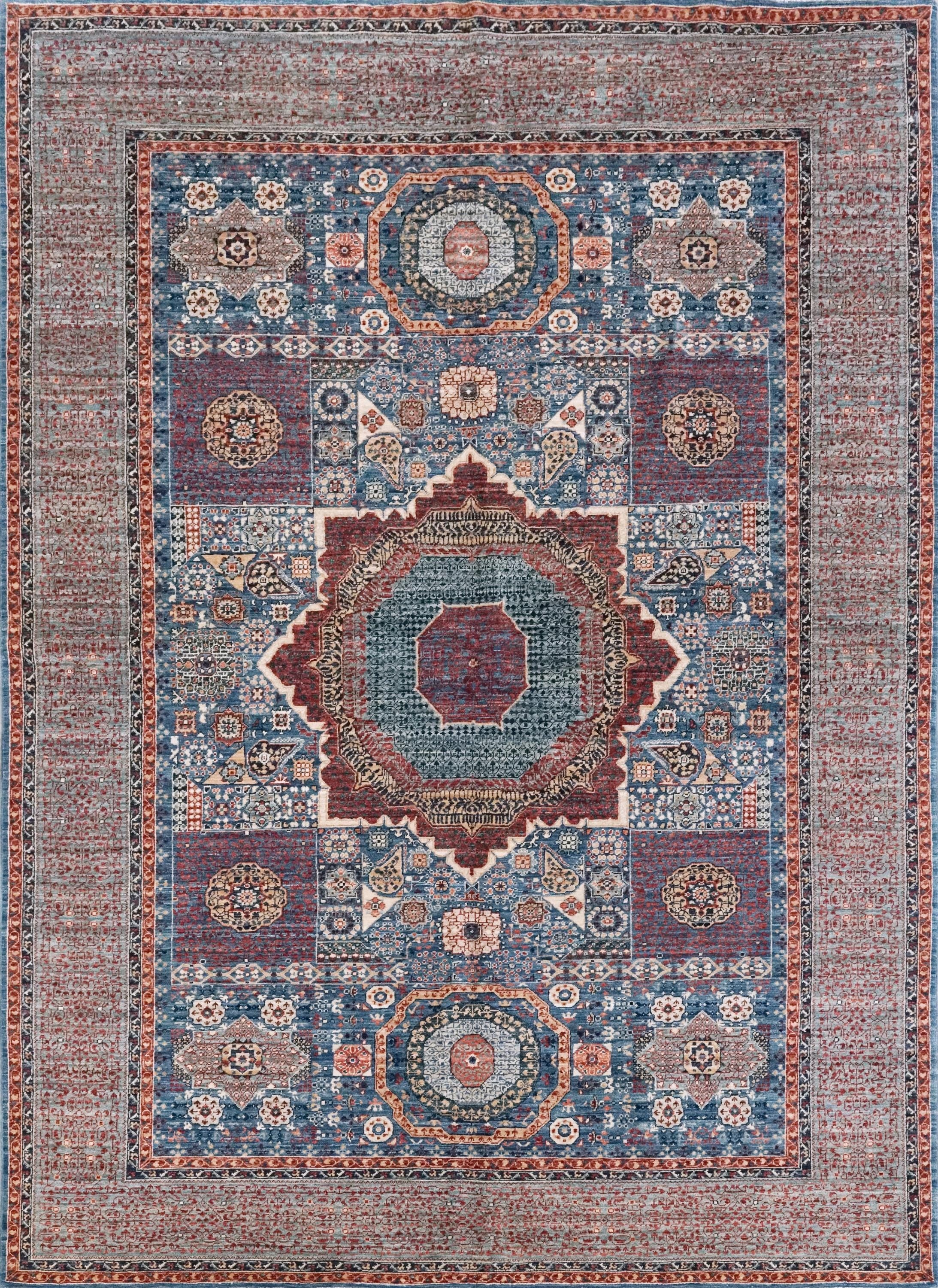 6x9 Ft Blue Mamluk Rug - Hand Knotted Afghan Wool Rug - Geometric Design