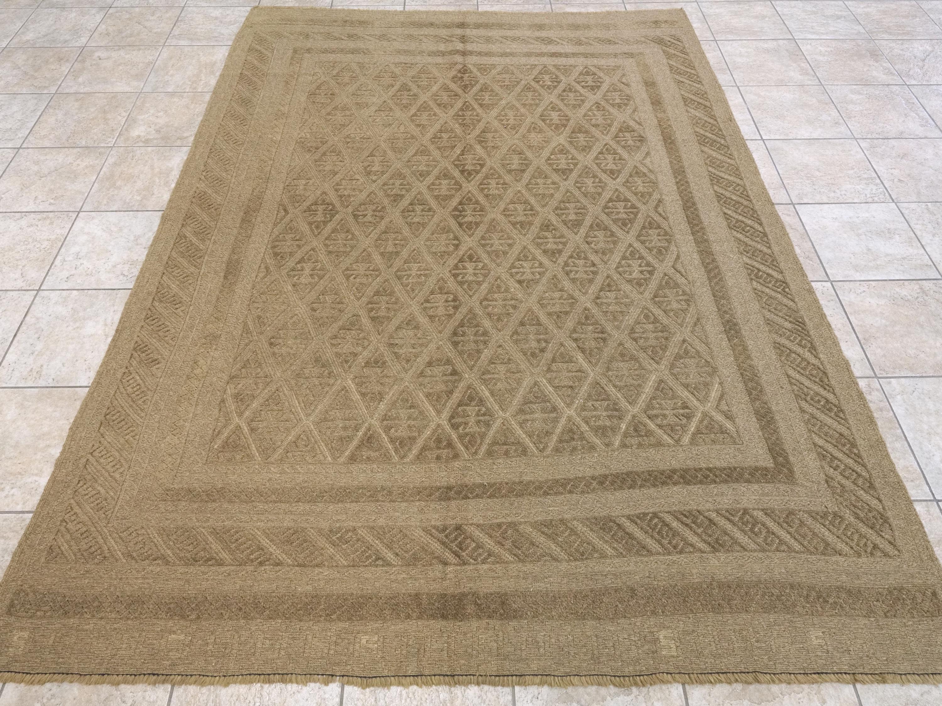 6x9 FT Hand Knotted Wool Kilim Rug - Dark Brown Tribal Design