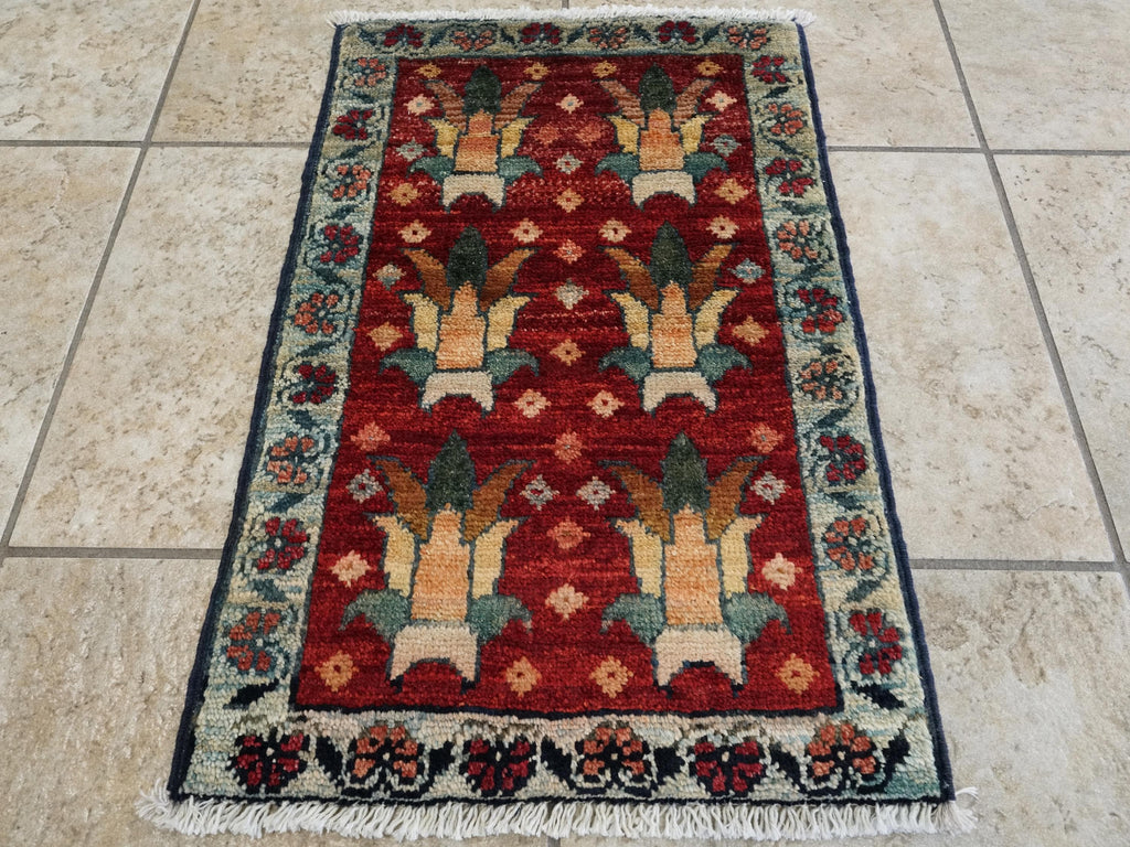 1x2 Ft Hand Knotted Red Heriz Rug - Afghan Wool Doormat