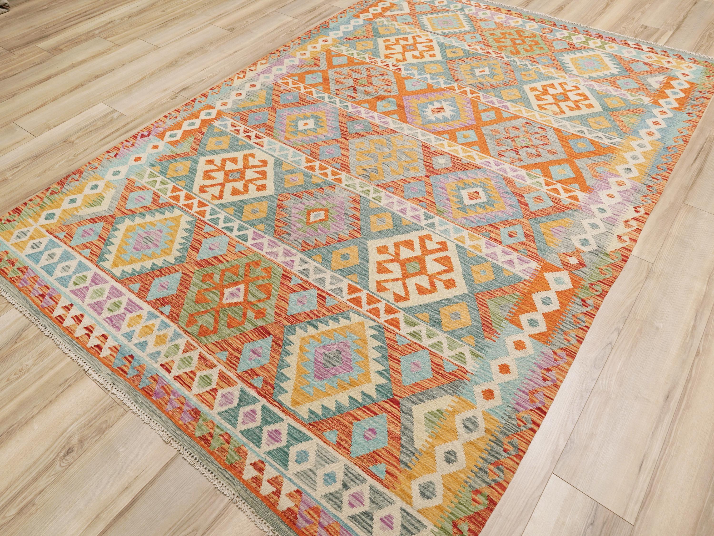 7x10 Ft Maimana Kilim Rug - Red & Green Flat Weave Afghan Rug