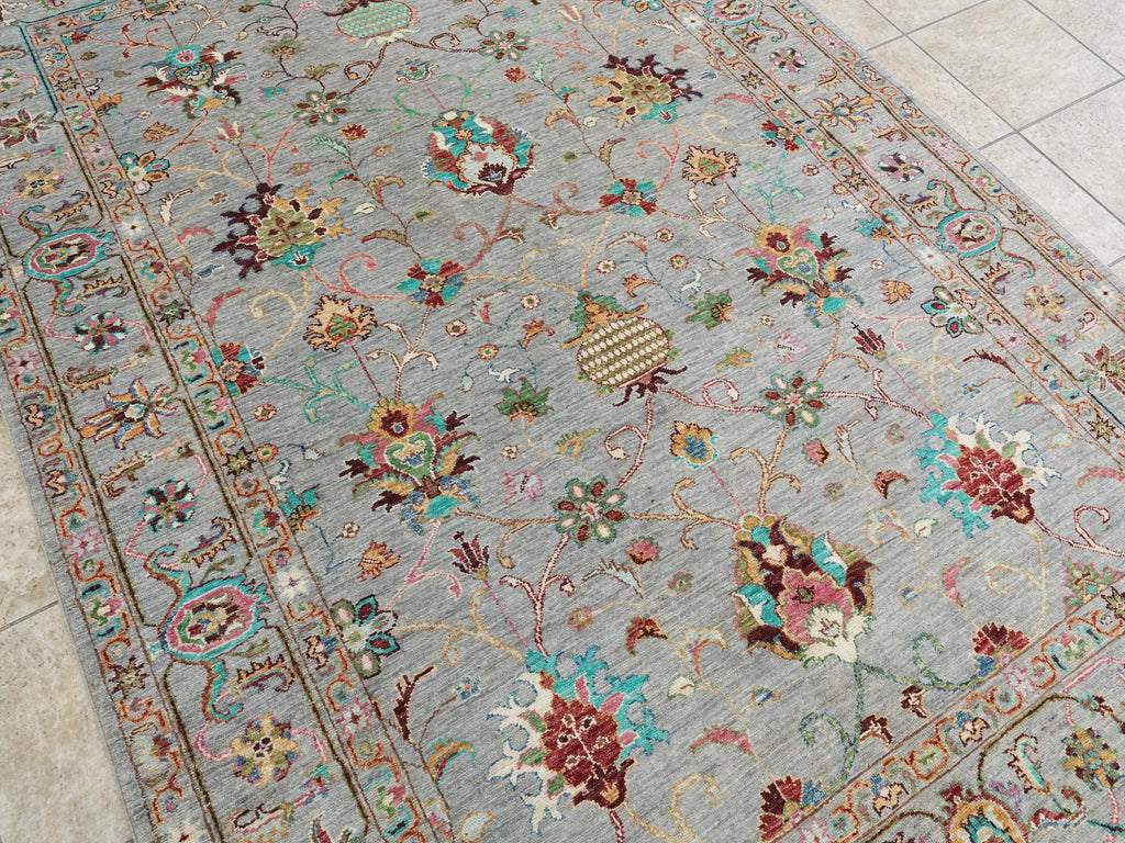 6x8 Ft Gray Wool Serapi Rug - Hand Knotted Floral Oriental Area Rug