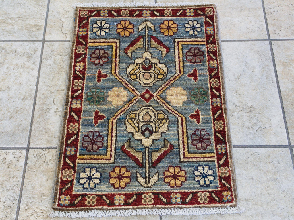 1x2 Ft Blue & Red Heriz Rug - Wool Accent Rug