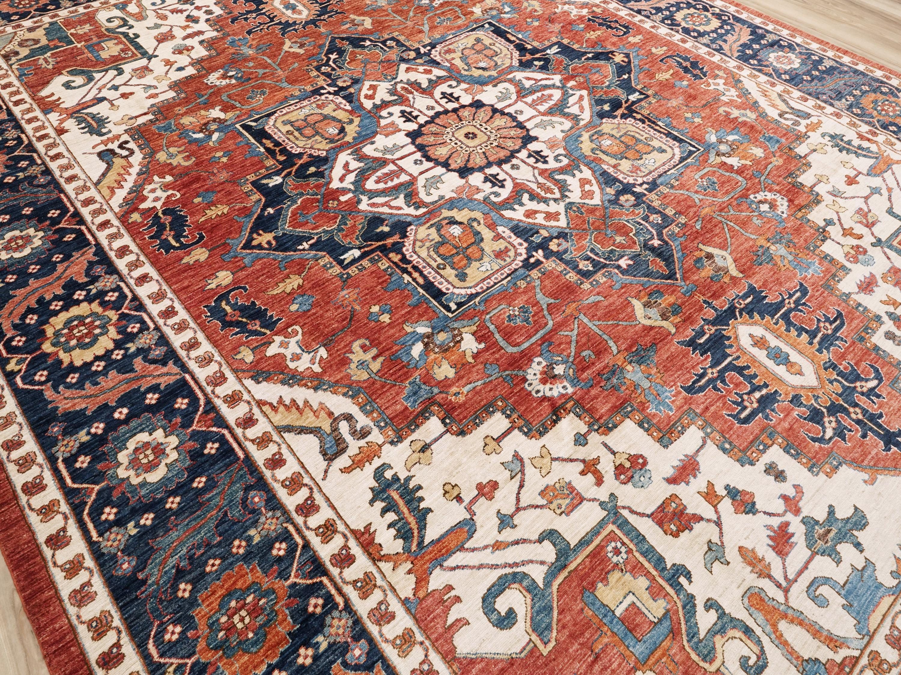 10x14 Ft Red & Blue Serapi Rug - Hand Knotted Afghan Oriental Rug - Floral Design