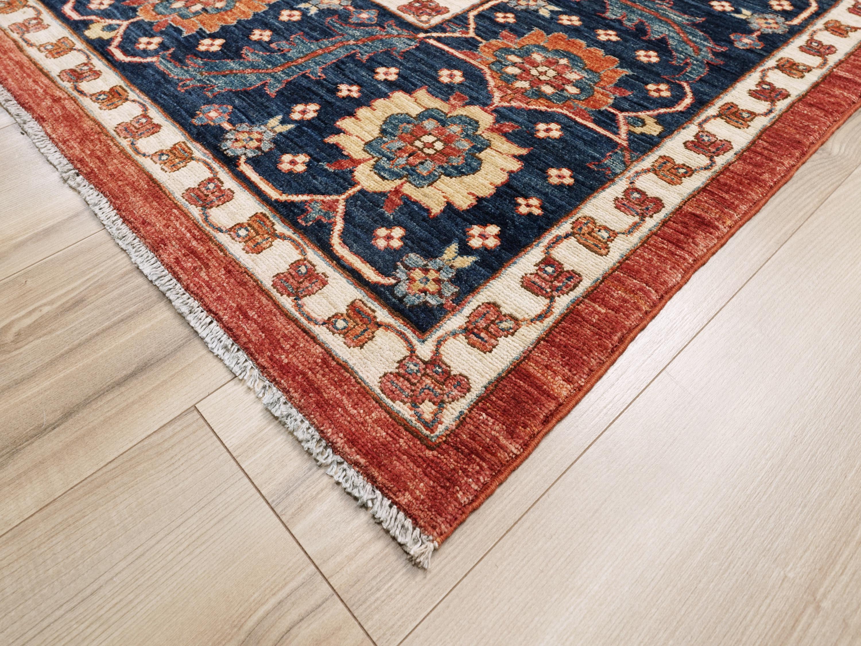 10x14 Ft Red & Blue Serapi Rug - Hand Knotted Afghan Oriental Rug - Floral Design