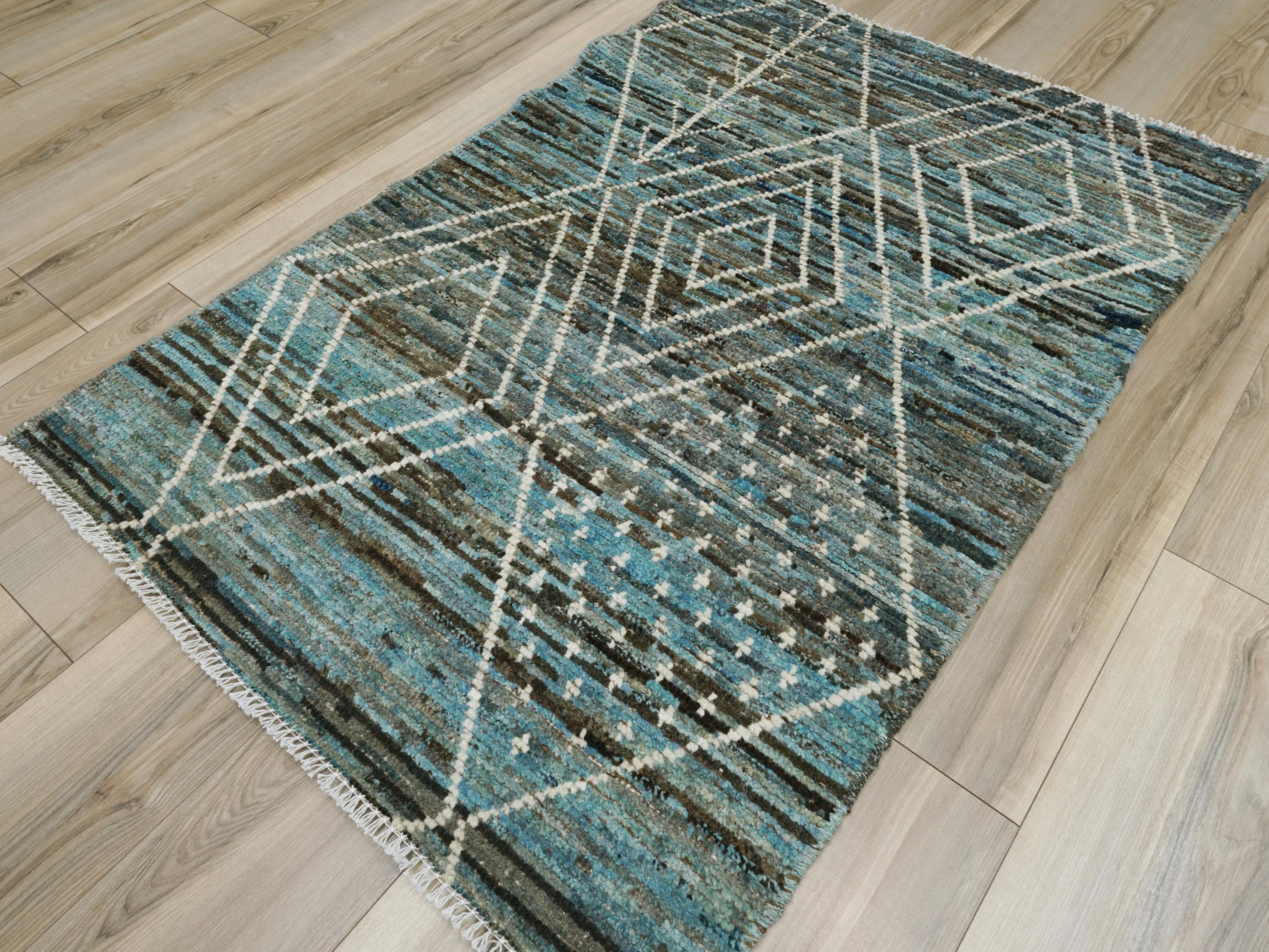 3x5 Ft Cyan Moroccan Rug - Hand Knotted Area Rug