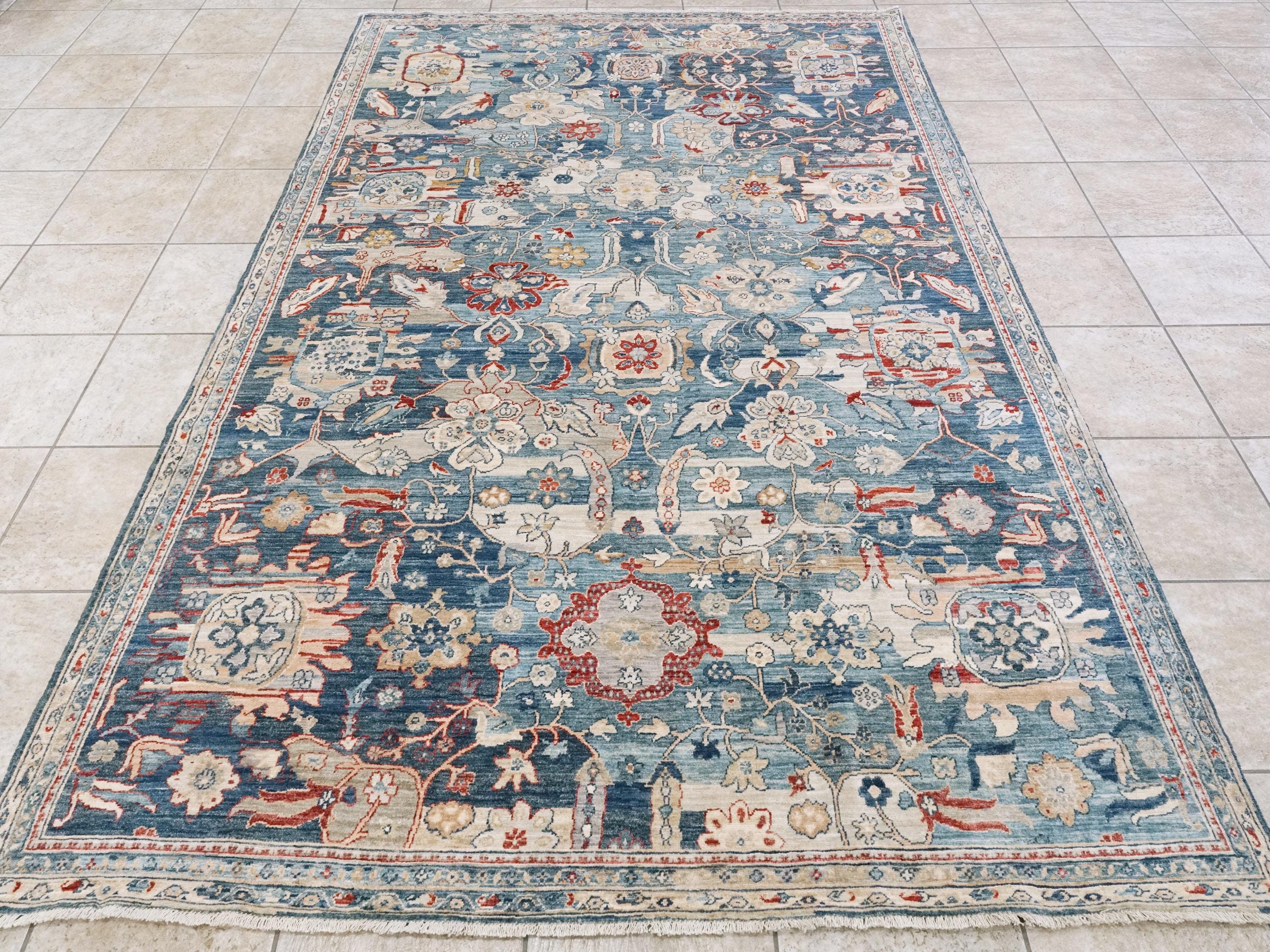 6x9 Ft Blue Serapi Rug - Afghan Wool Oriental Rug - All over Floral Design