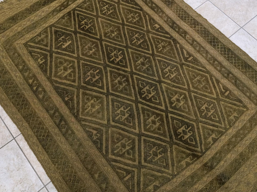 5x6 Ft Dark Green Tribal Kilim Rug - Hand-Knotted Wool - Vintage Afghan Rug