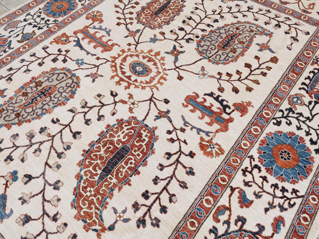 9x12 Ft Beige Wool Suzani Rug - Afghan Handmade Oriental Design