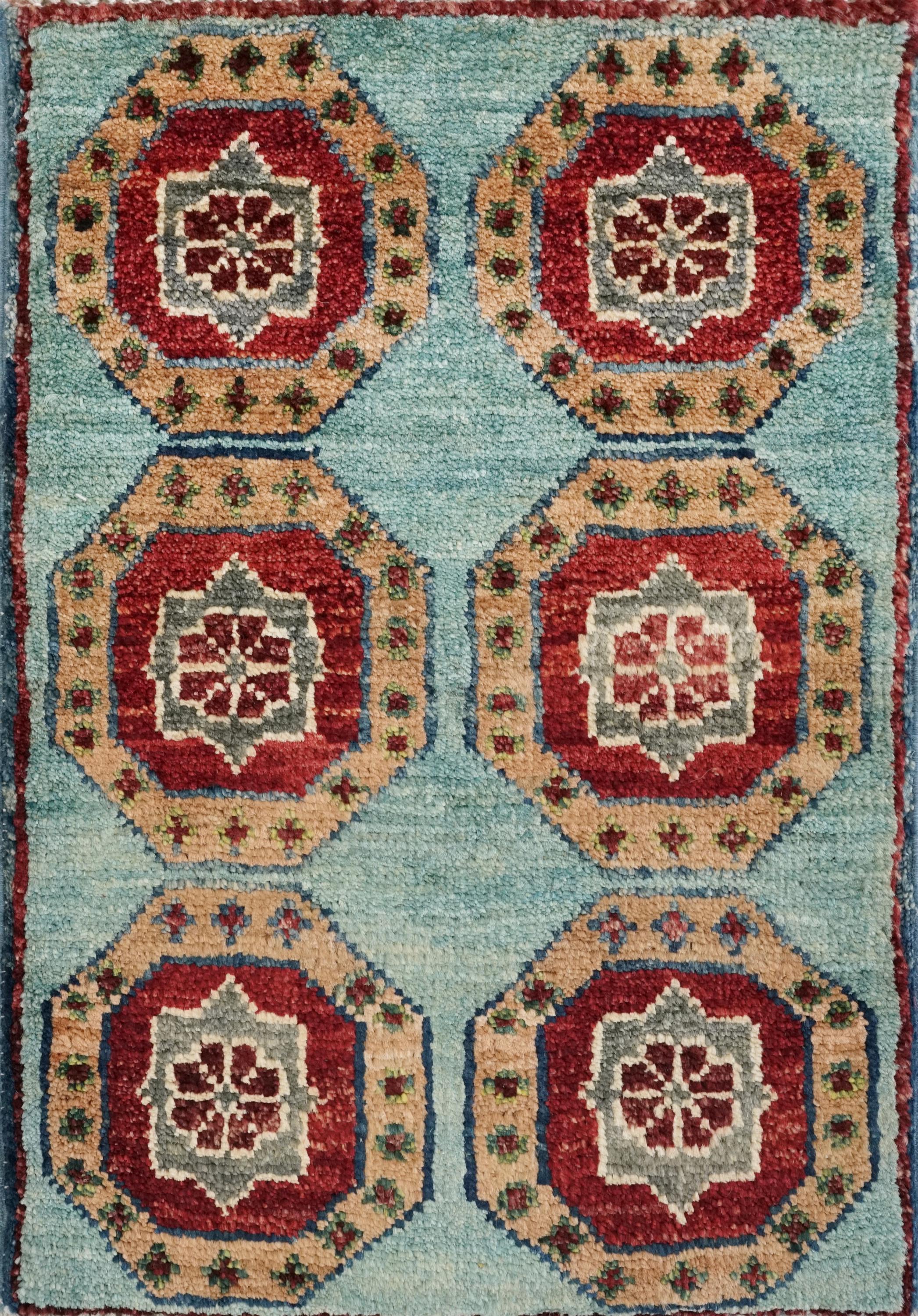 1x2 Ft Hand Knotted Cyan Mamluk Rug: Ghazni Wool Oriental Accent Rug