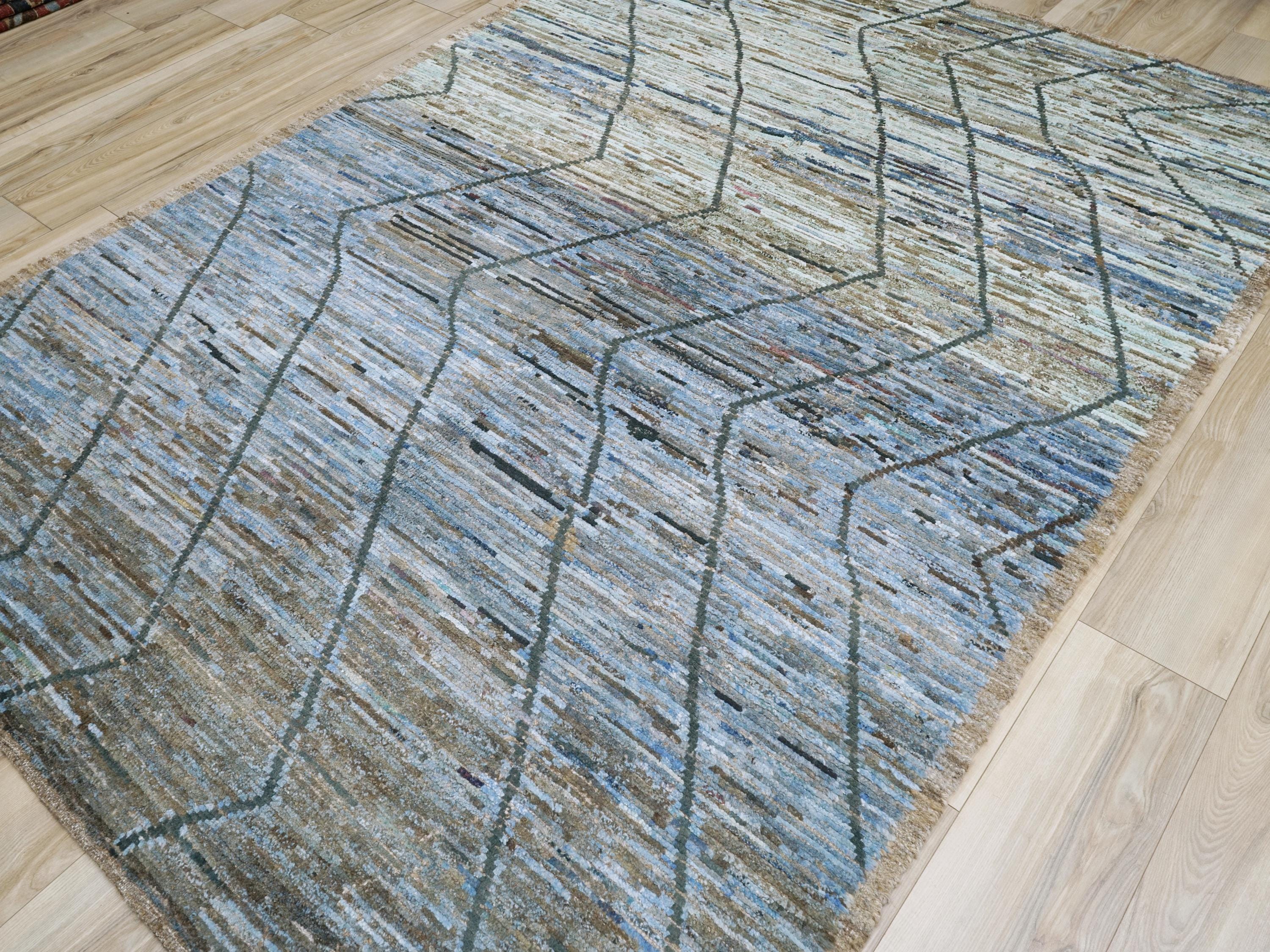 6x9 Ft Blue Moroccan Rug - Hand Knotted Square Rug