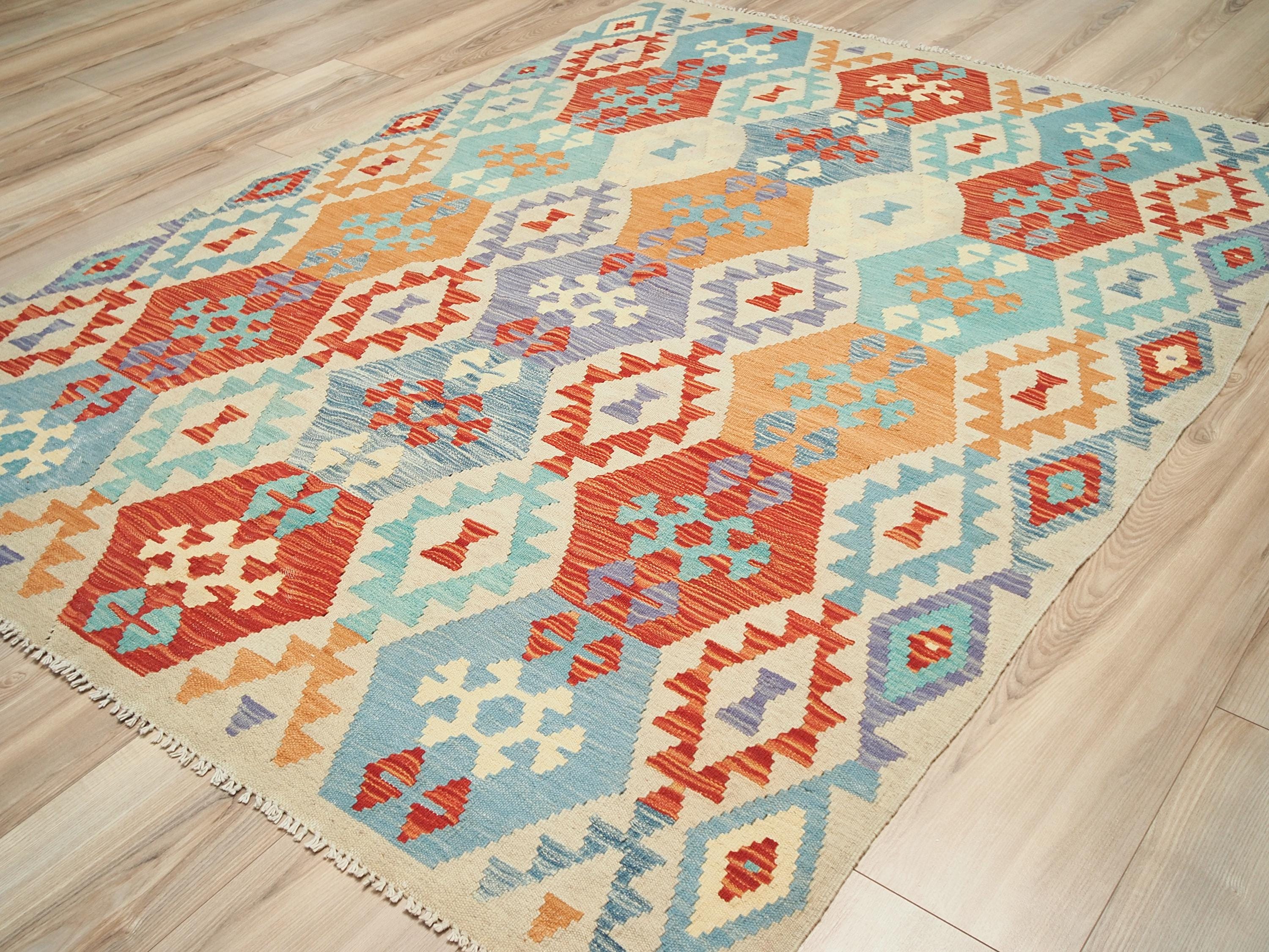 5x7 Ft Red & Blue Kilim Rug - Flat Weave Tribal Rug